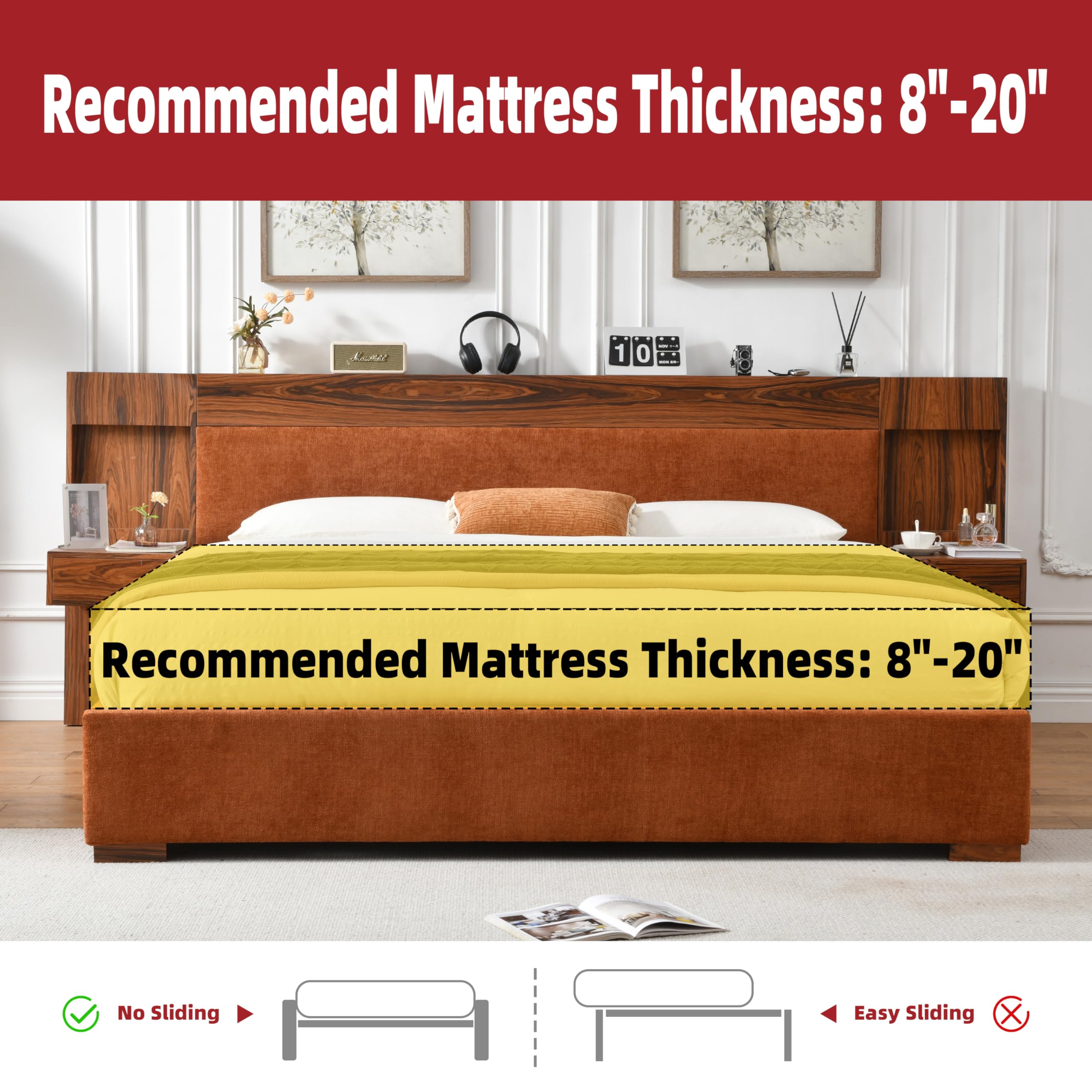 King Bed Frame with Nightstands and Storage Drawers