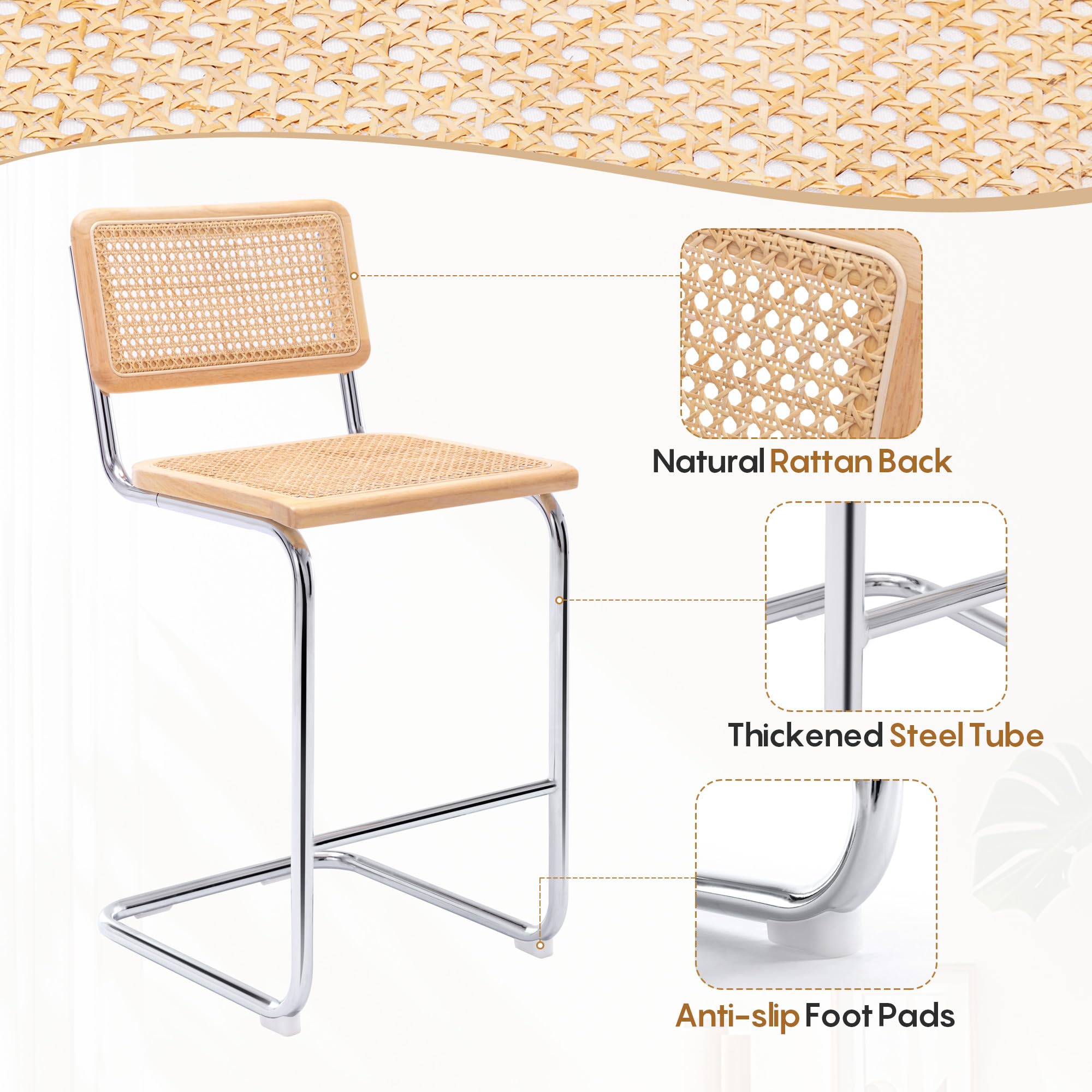 Natural Rattan Bar Stools Set of 4 - 24 Inch Counter Height