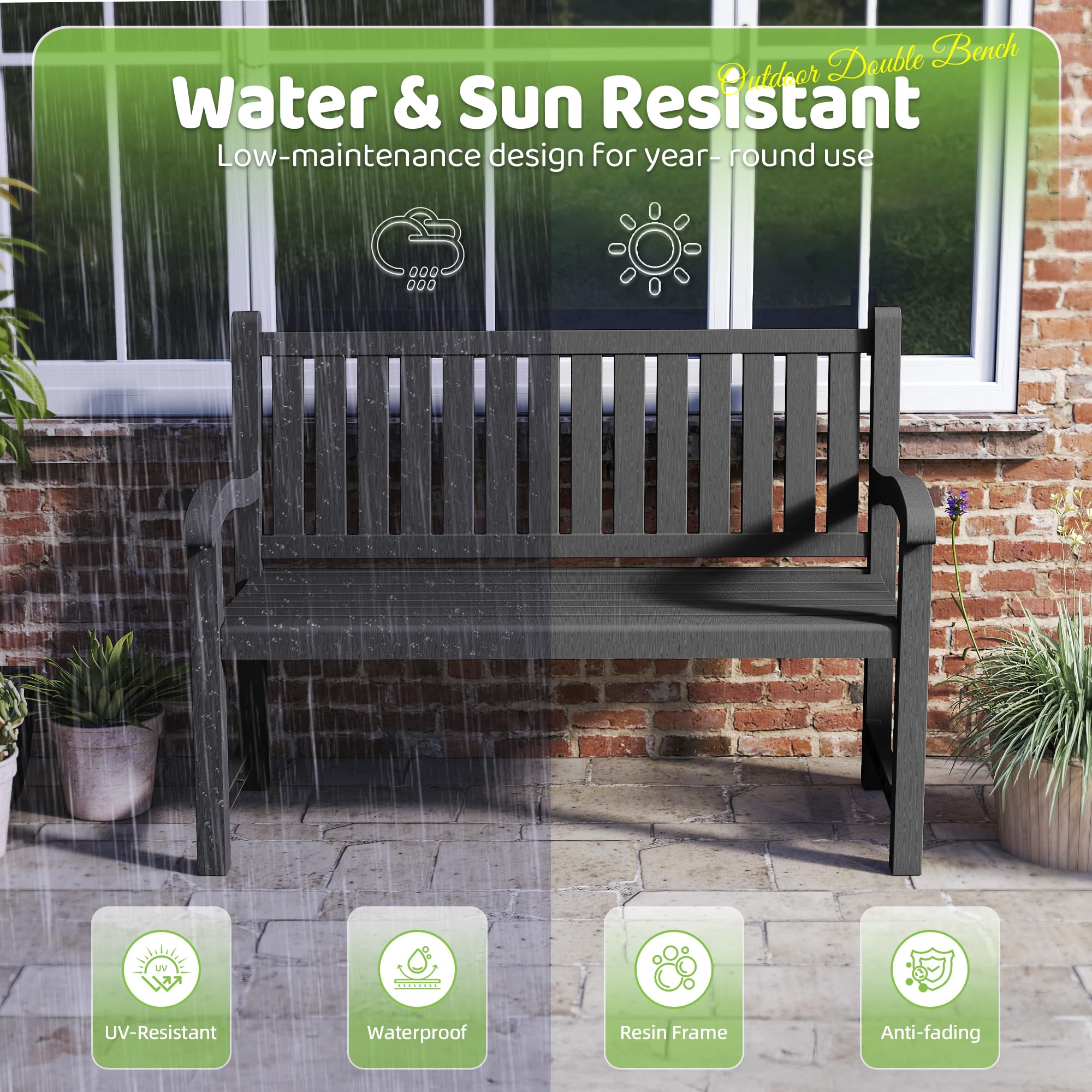 Outdoor Waterproof Garden Bench - 2 Person Resin Patio Seating