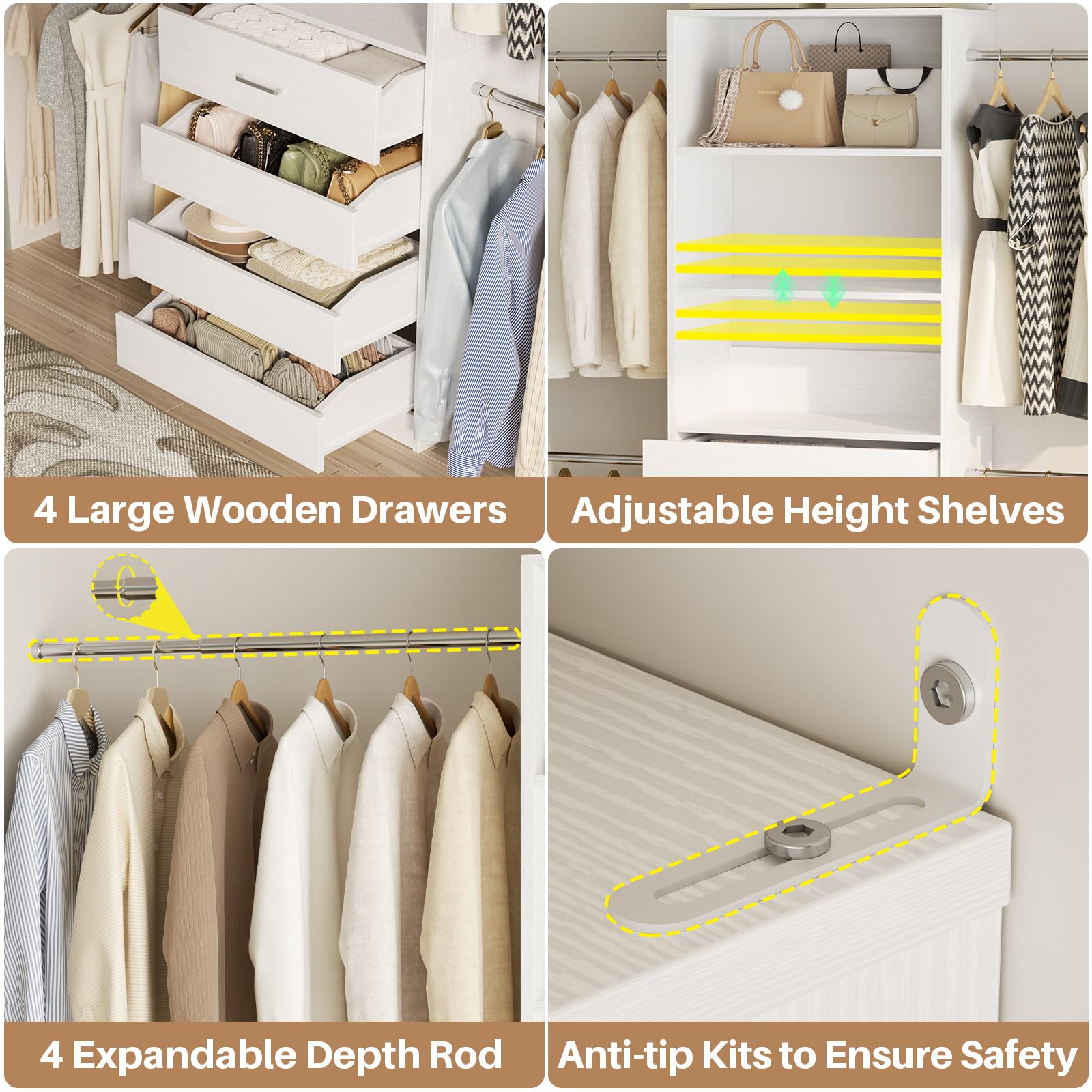 4-9FT Closet Organizer System with Drawers and Hanging Rods