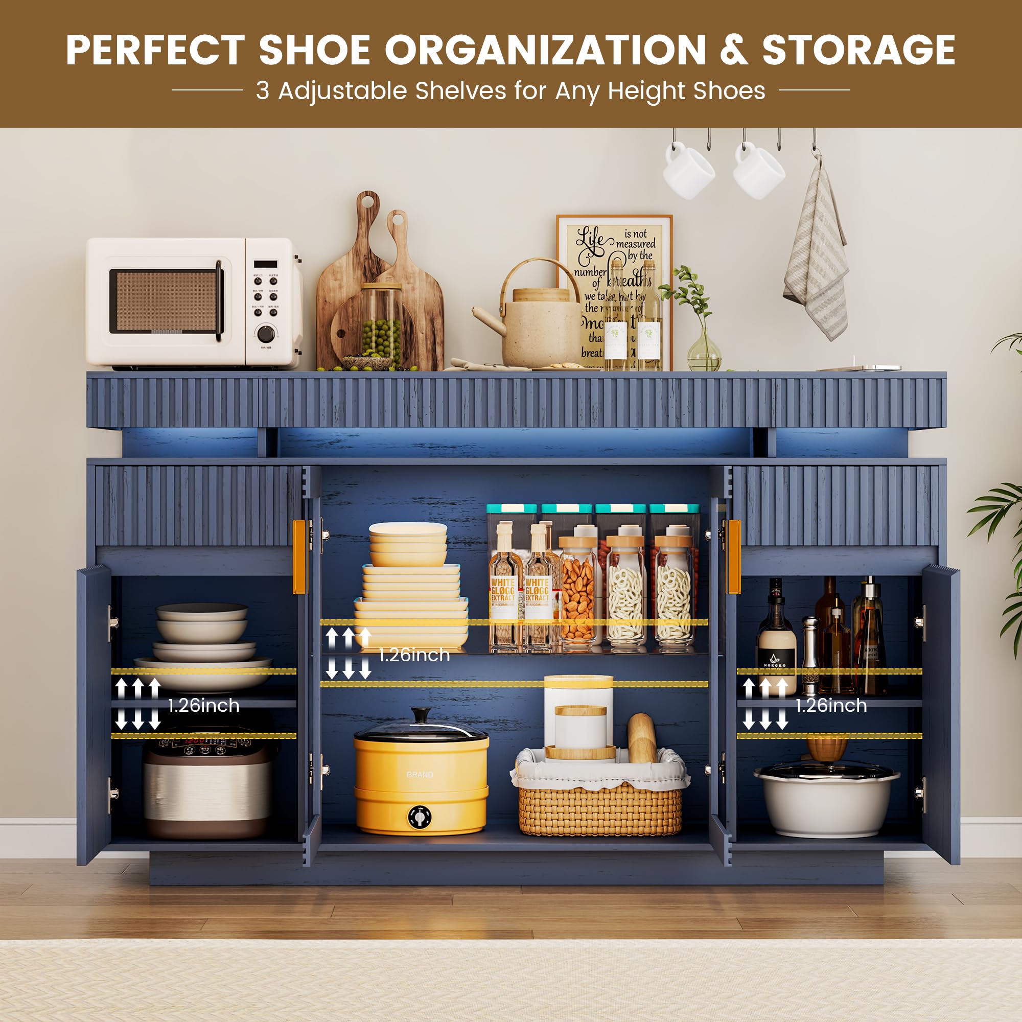 Fluted Sideboard Buffet Cabinet with LED Lighting