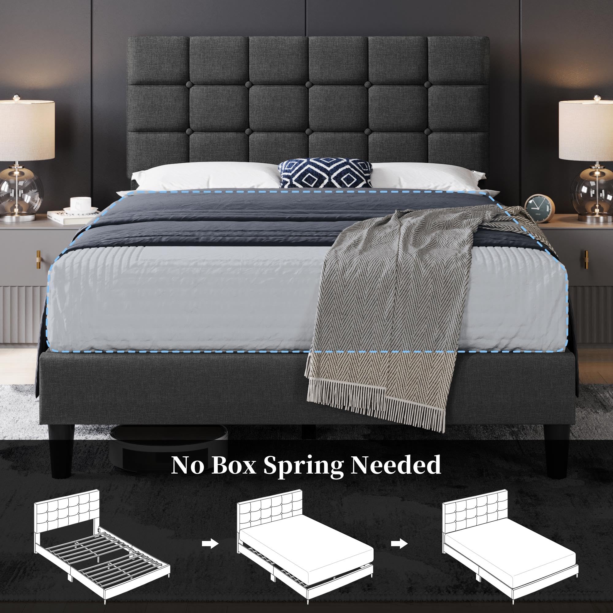 Upholstered Full Bed Frame with Adjustable Tufted Headboard
