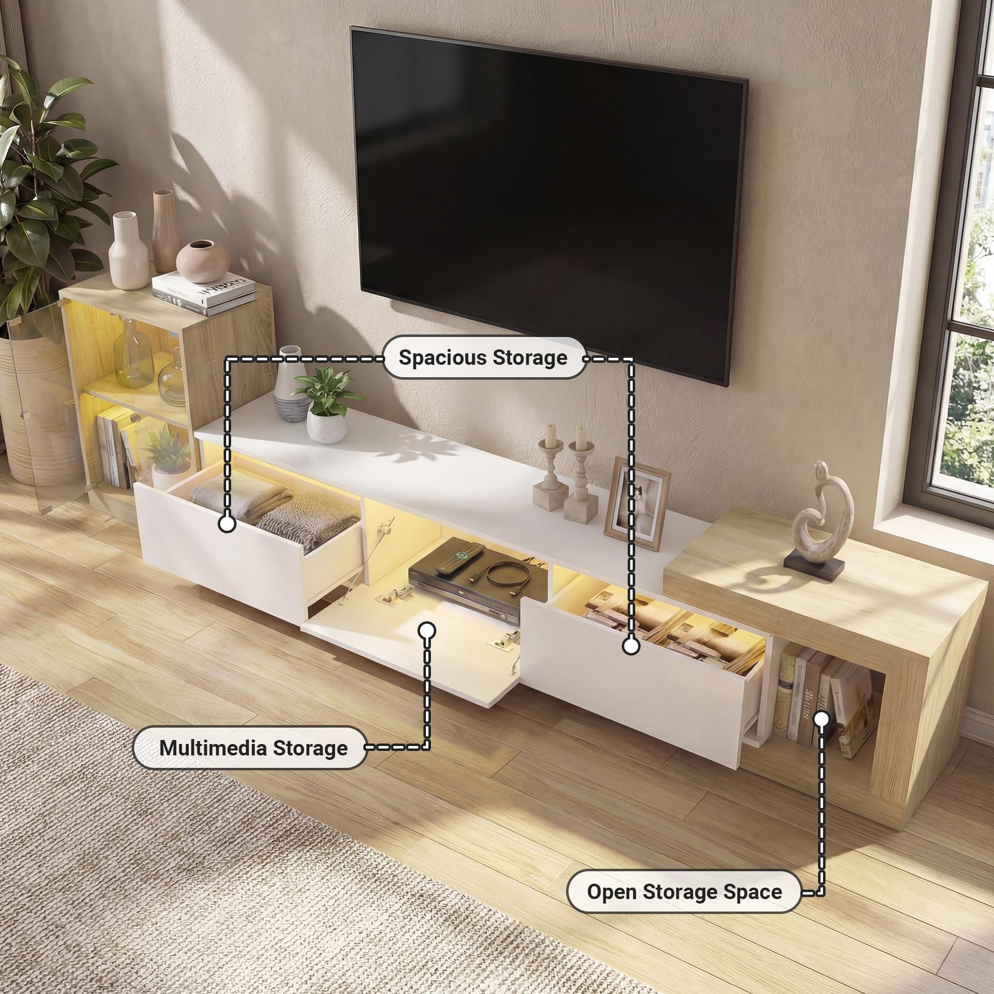 Extendable TV Stand with Glass Cabinet and LED Lighting
