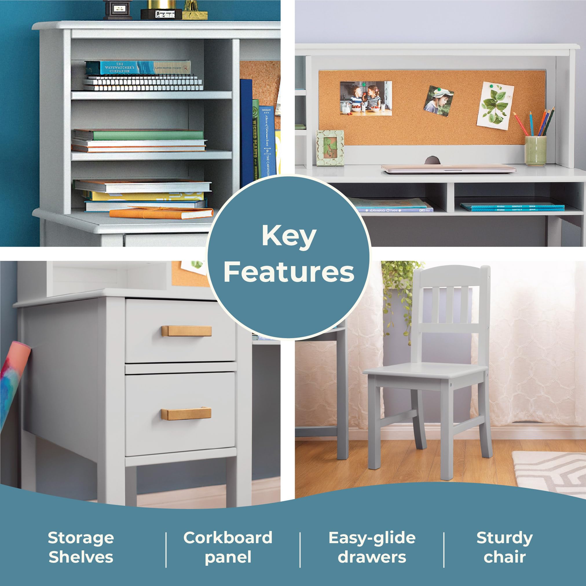 Taiga Kids Desk and Chair Set with Hutch - Gray