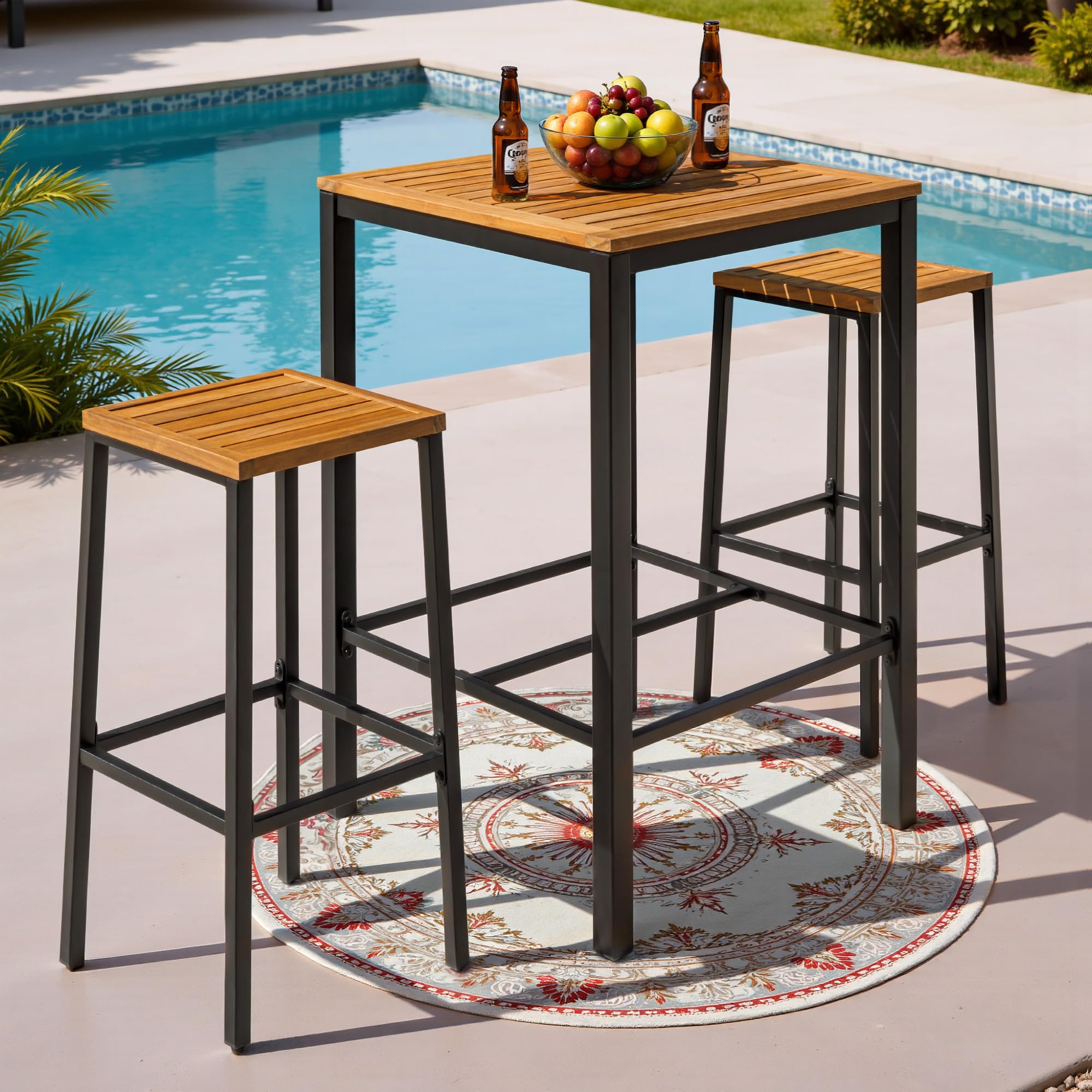 Acacia Wood Outdoor Patio Bar Set with 2 Stools