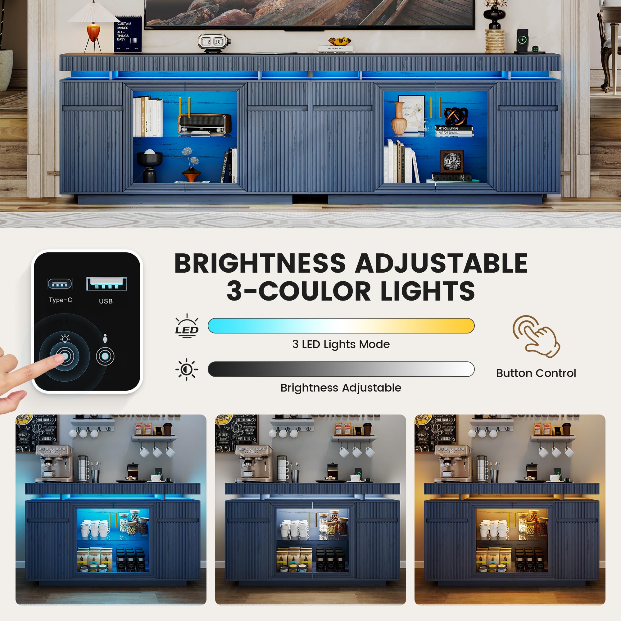 Fluted Sideboard Buffet Cabinet with LED Lighting