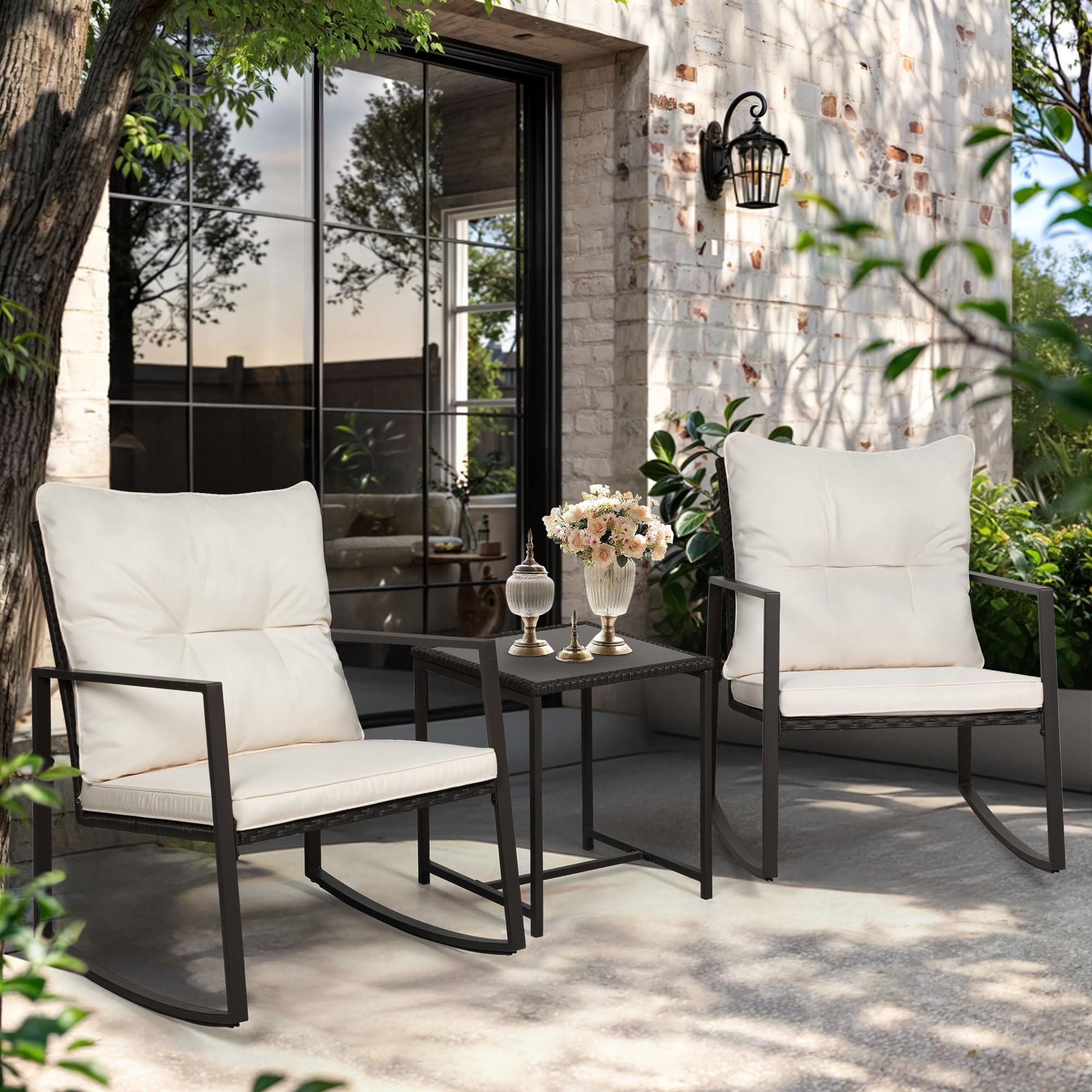 3-Piece Outdoor Rocking Bistro Set with Glass Coffee Table