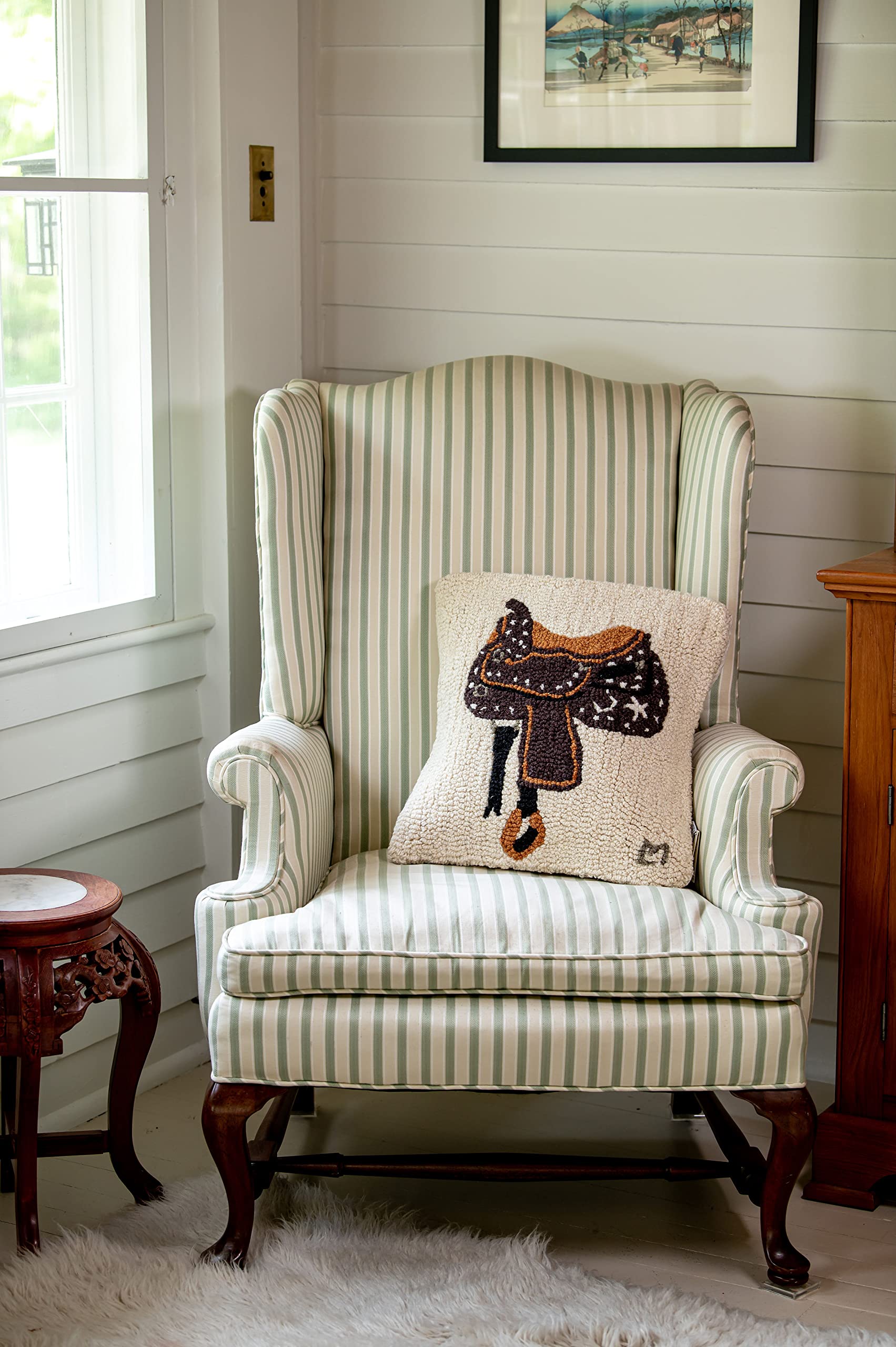 Western Saddle Hand-Hooked Wool Throw Pillow