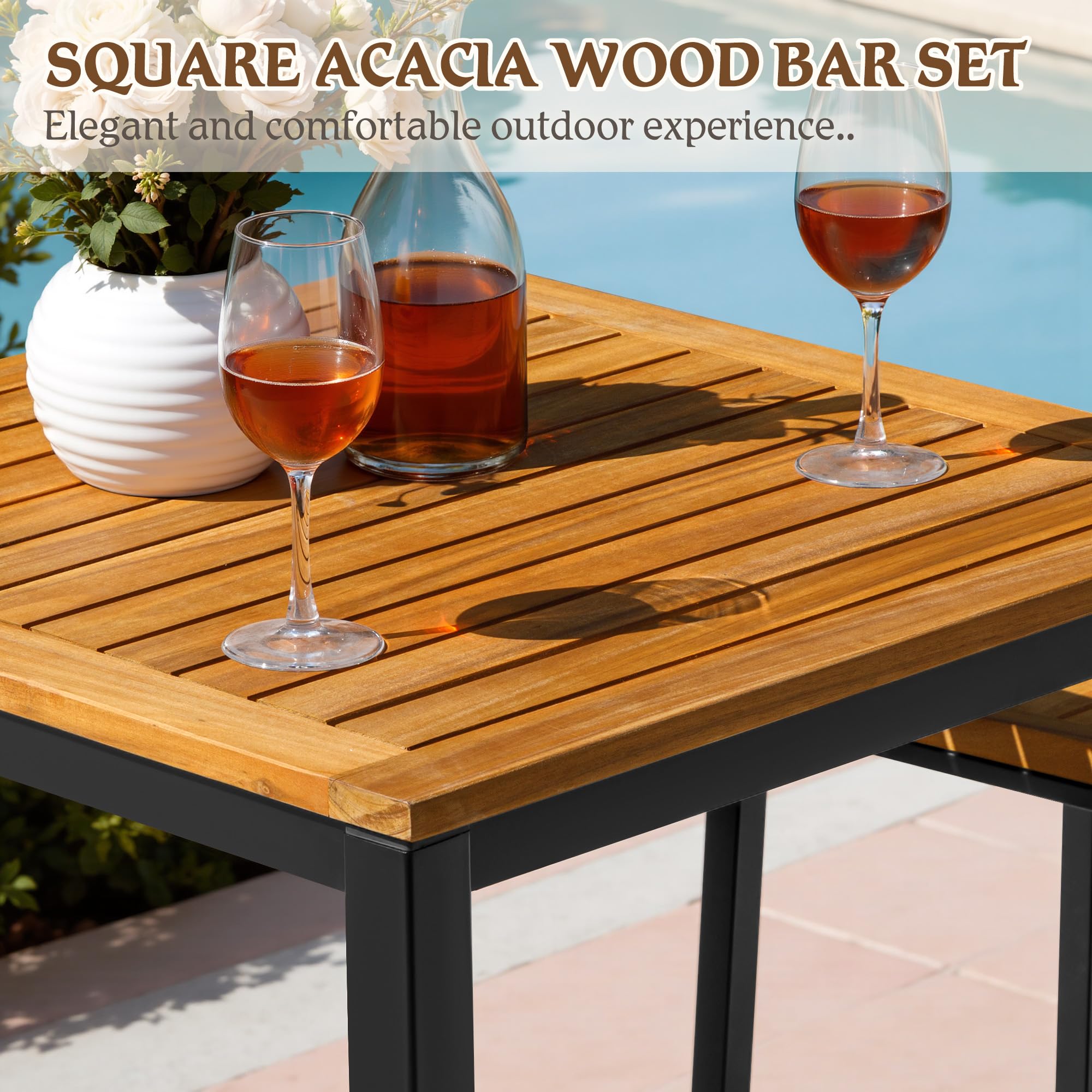 Acacia Wood Outdoor Patio Bar Set with 2 Stools
