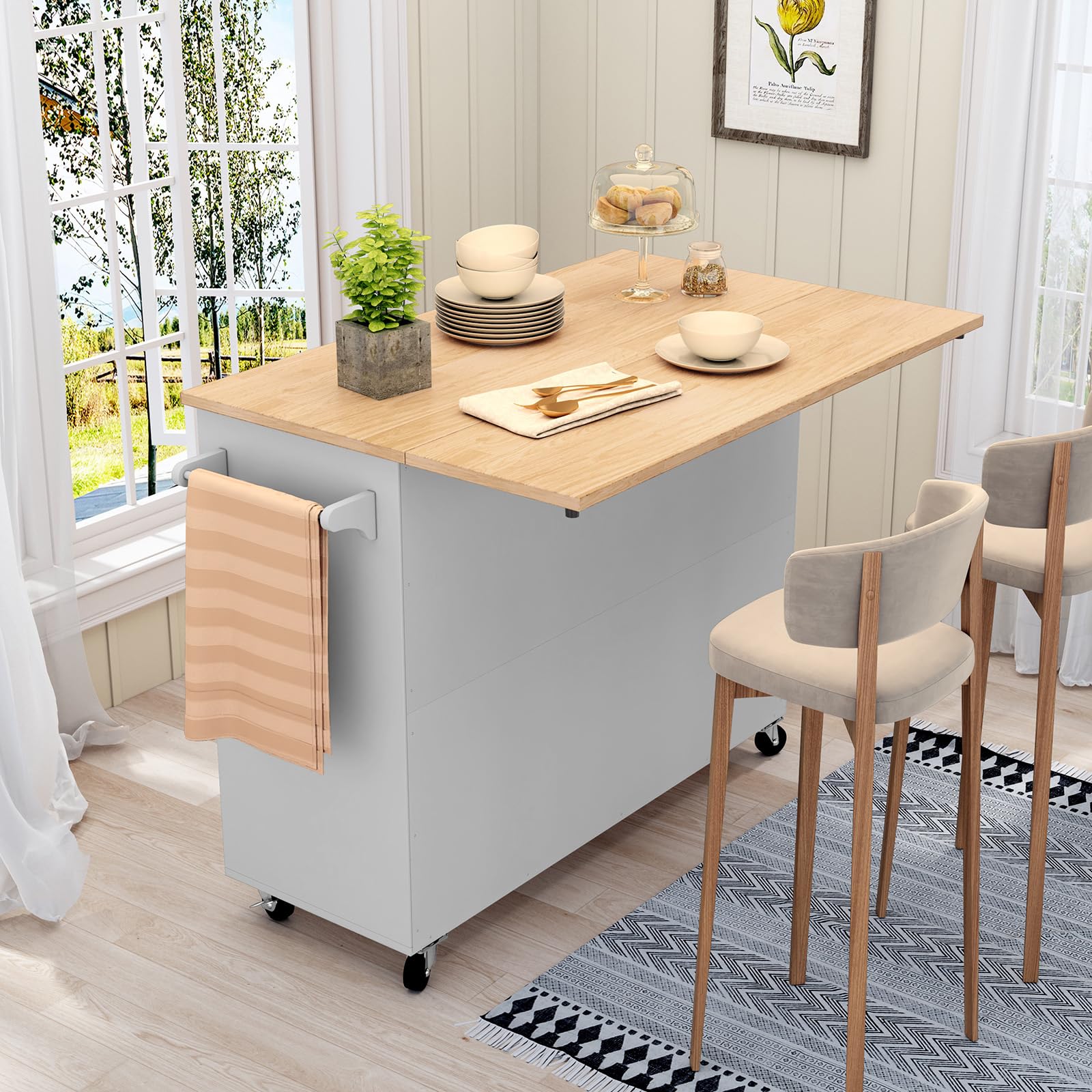 Grey Rolling Kitchen Island with Drop-Leaf and Storage