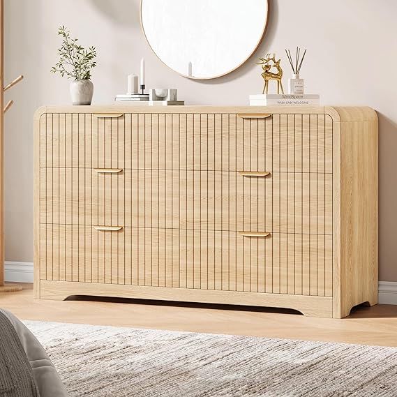 Modern 6 Drawer Dresser - 47" Wide Wood Chest with Curved Fluted Design