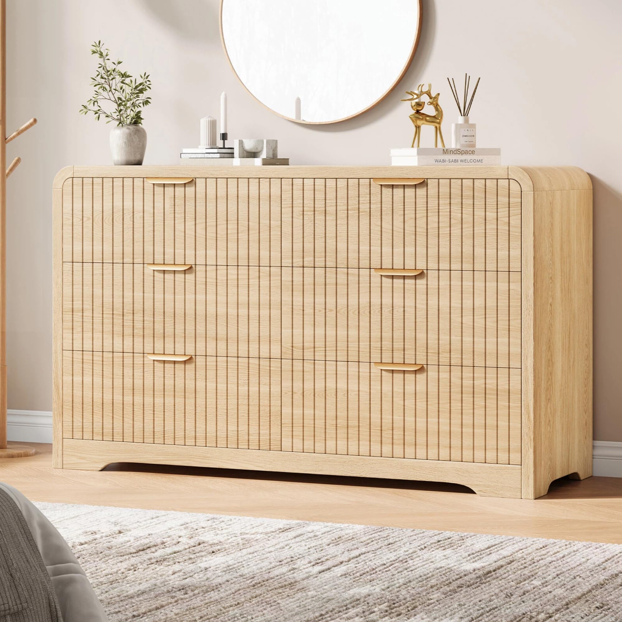 Modern 6 Drawer Dresser with Curved Fluted Design
