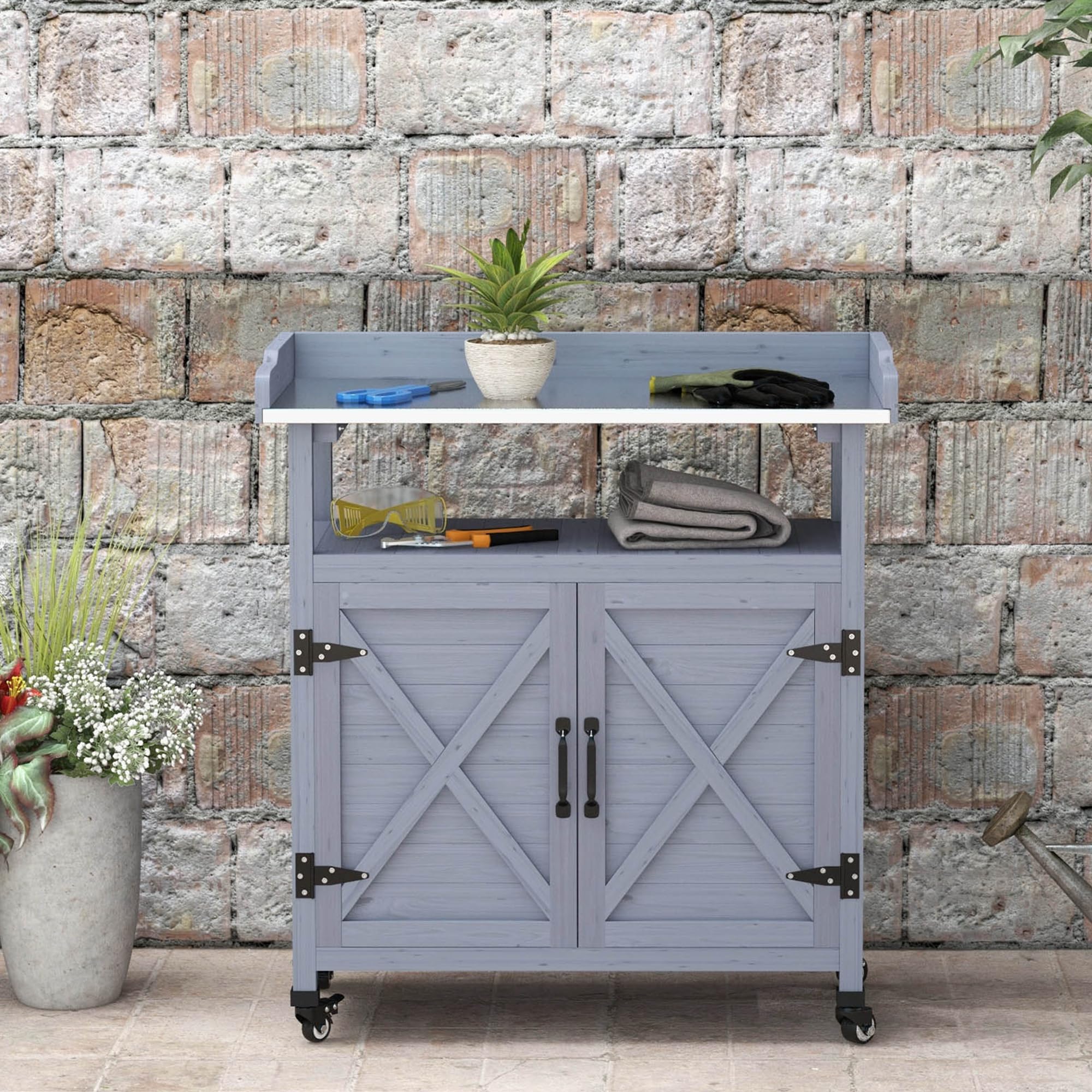 Outdoor Wooden Potting Bench with Storage Cabinet