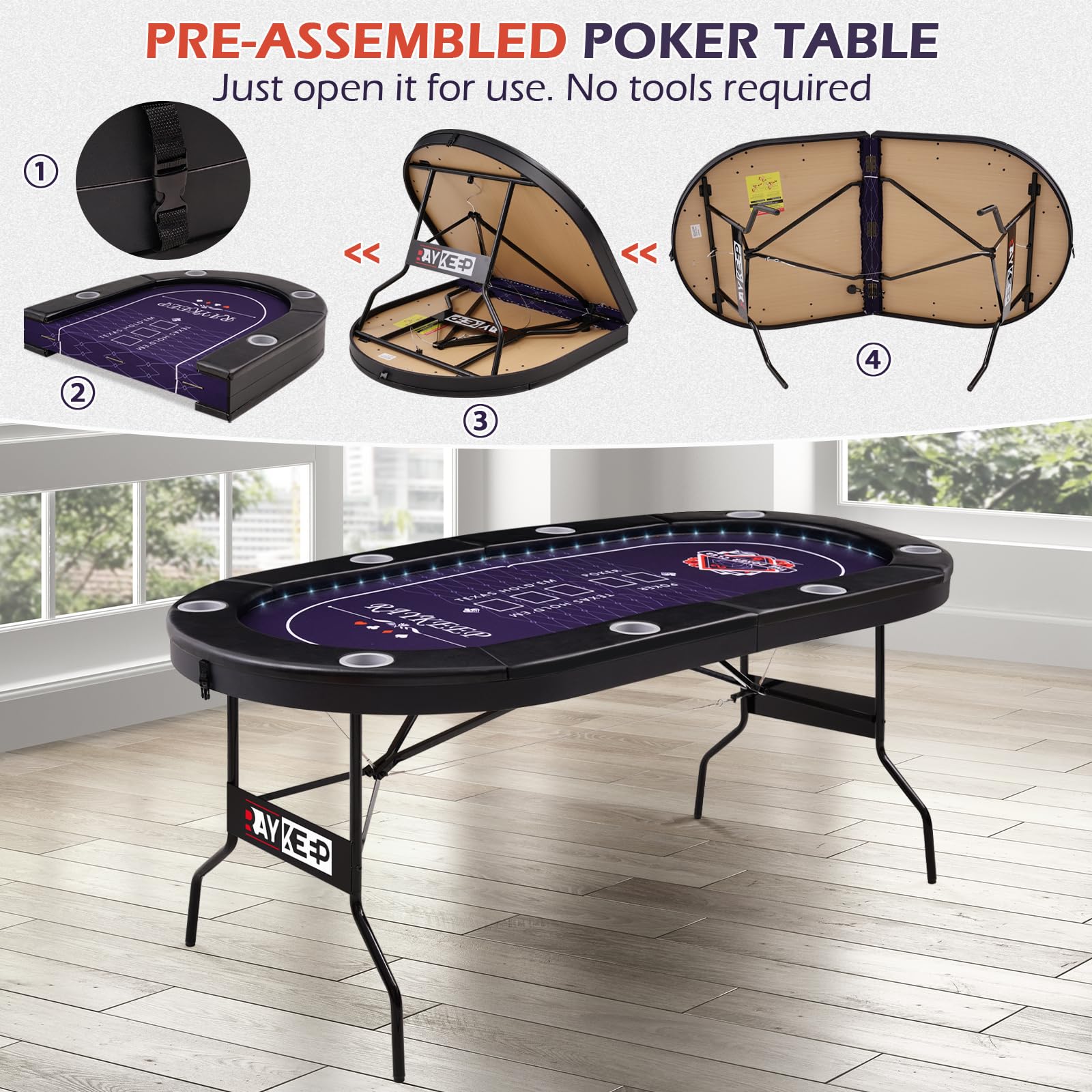 LED Poker Table 8 Player Foldable