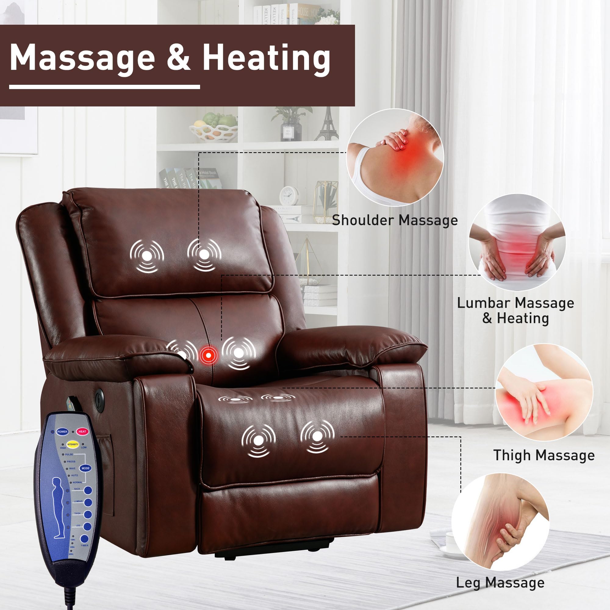 Genuine Leather Lift Recliner Chair with Heat and Massage