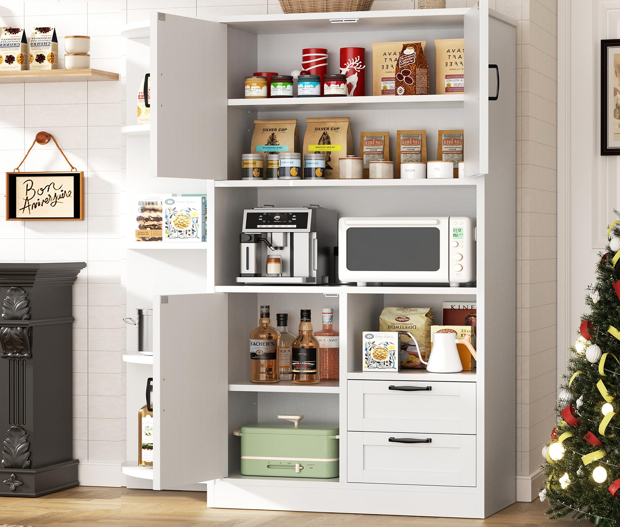 Farmhouse Kitchen Pantry Storage Cabinet with Microwave Shelf