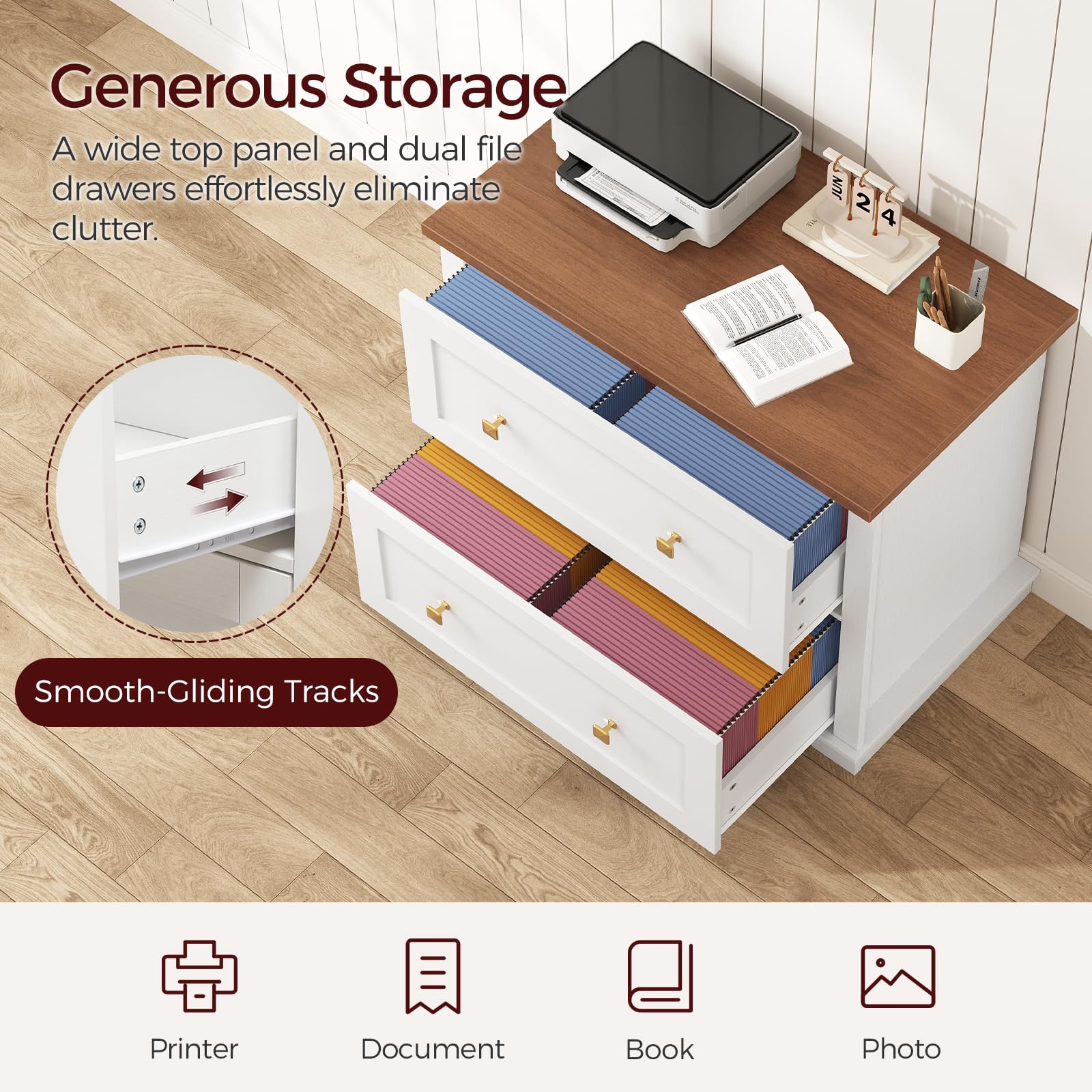 MAHANCRIS 2 Drawers Lateral File Cabinet, Farmhouse Wooden Filing Cabinet, Printer Stand for Home Office, Office Storage Cabinet for A4/Letter-Size Hanging Files,White and Walnut FCBA8001