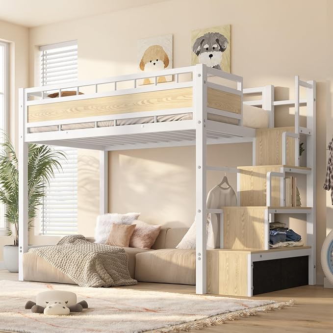 Twin Loft Bed with Built-in Storage Stairs