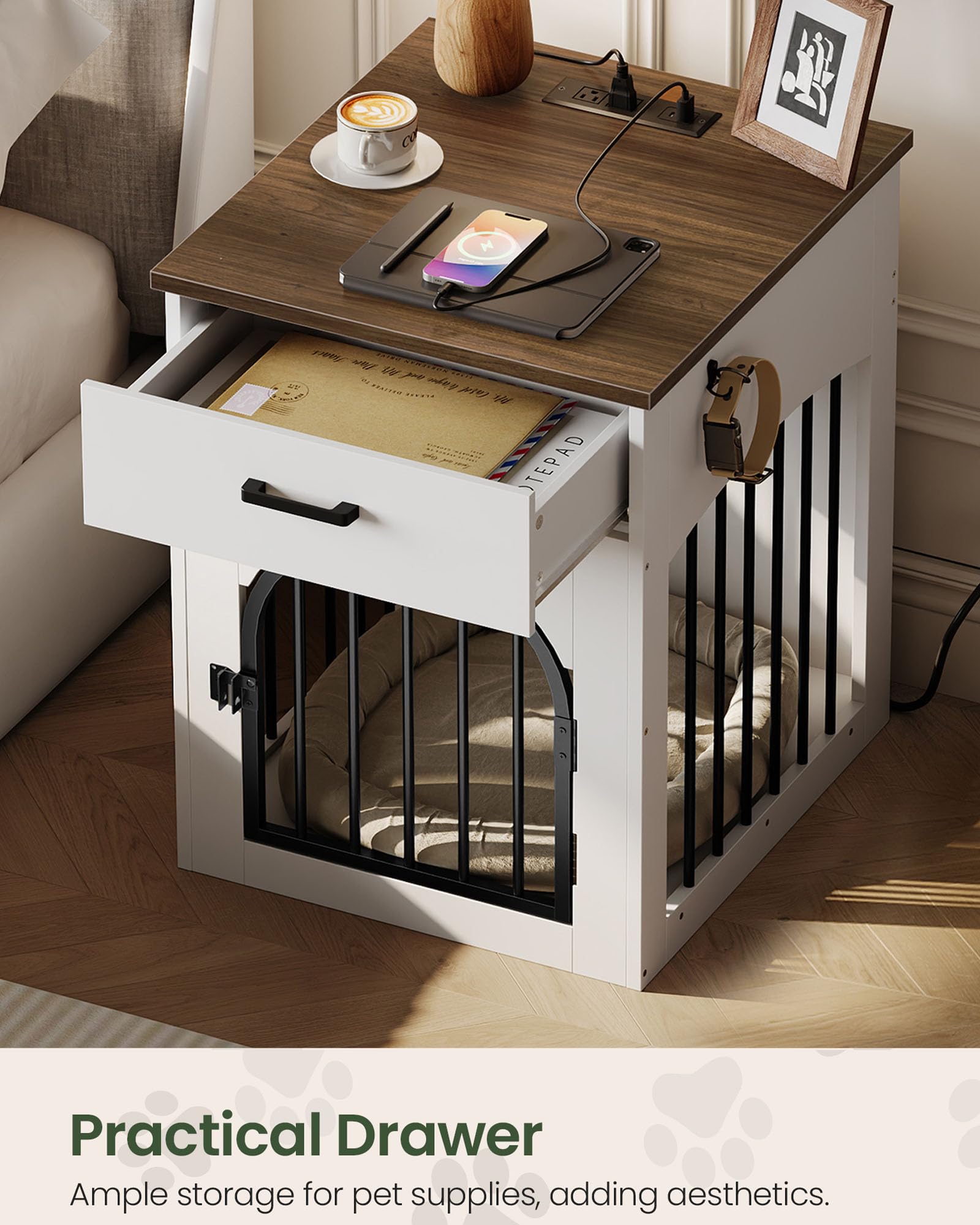 Wooden Dog Crate Furniture with Charging Station and Storage Drawer