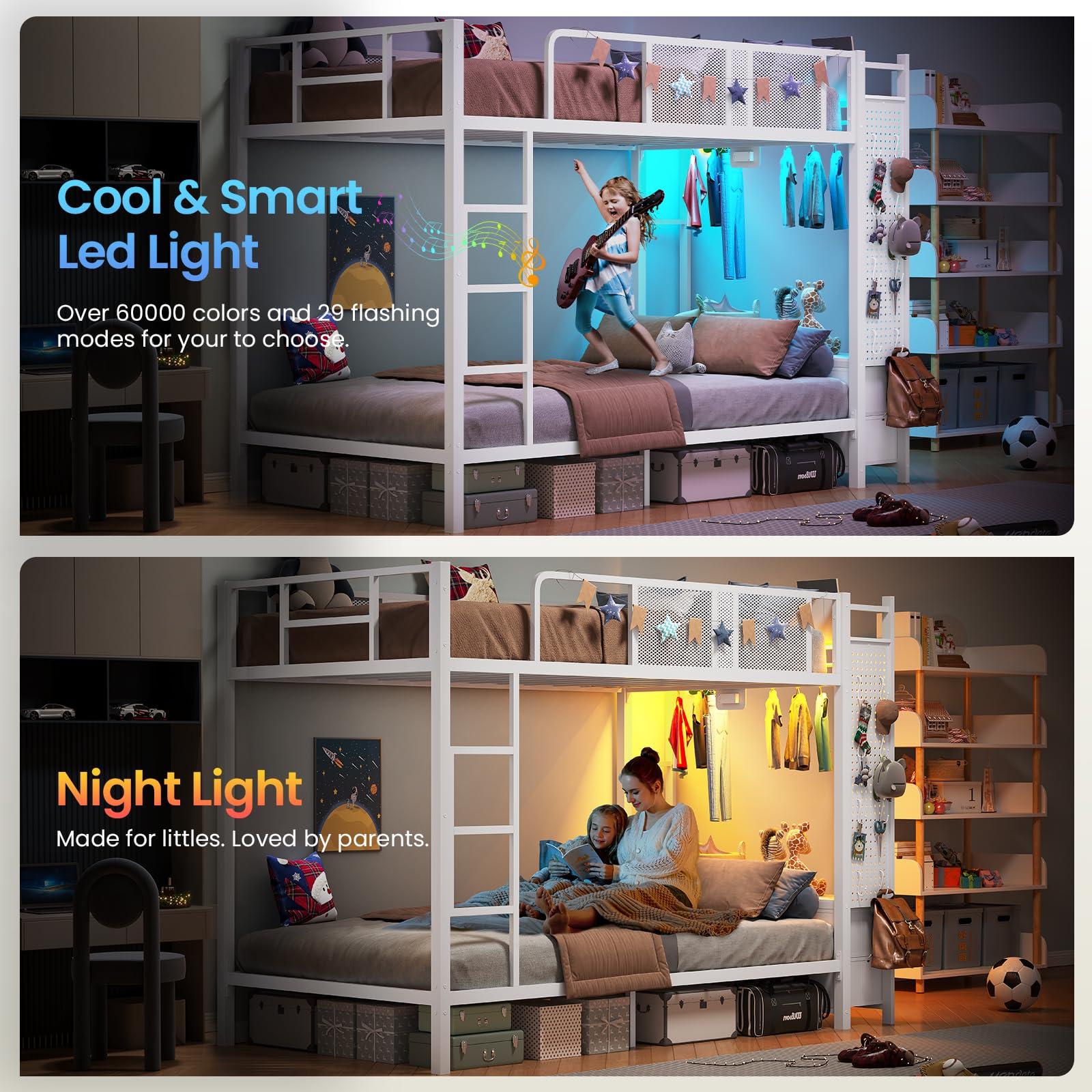 Full Metal Bunk Bed with Storage and LED Lights