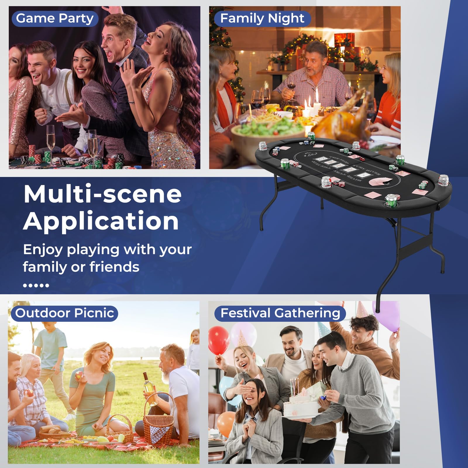 8 Player Poker Table Foldable 72 Inch Oval Card Game Table