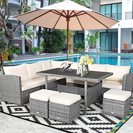 7-Piece Outdoor Rattan Sectional Sofa Set with Cushions