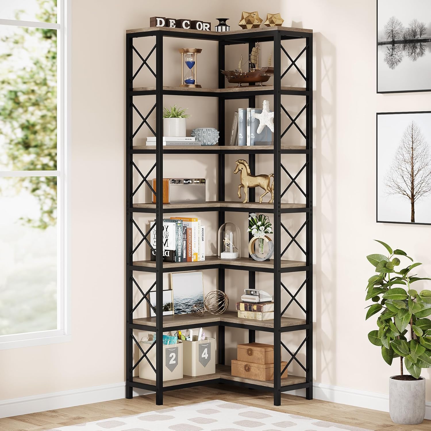7-Tier Corner Bookshelf with Metal Frame