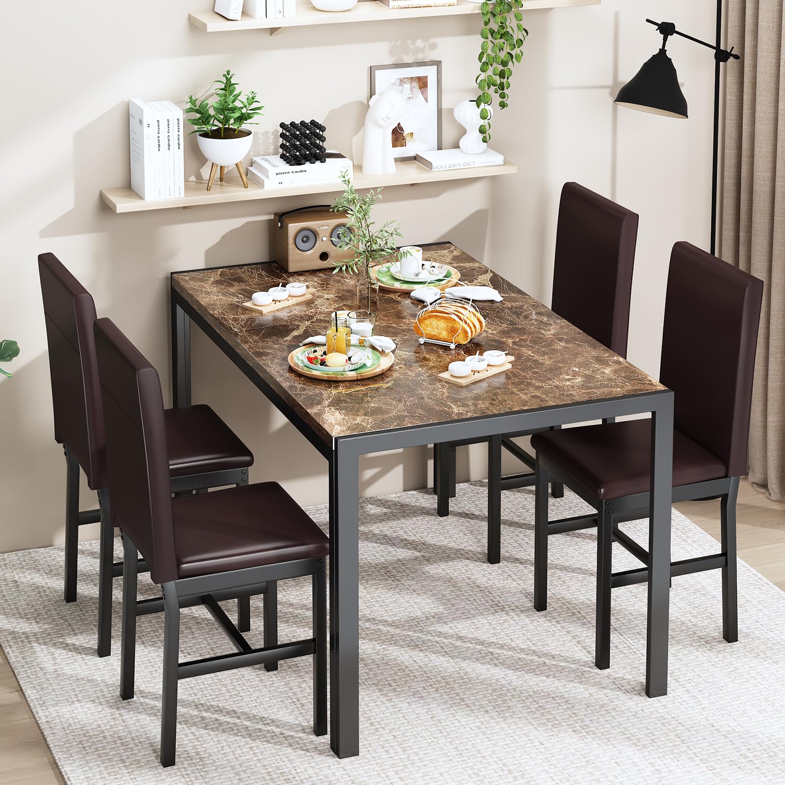 4-Piece Faux Marble Dining Table Set with PU Leather Chairs