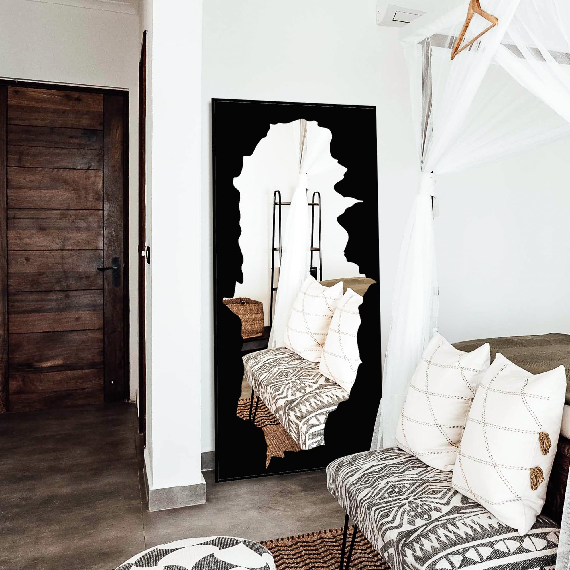 55x28 Full-Length Mirror with Artistic Black Abstract Overlay