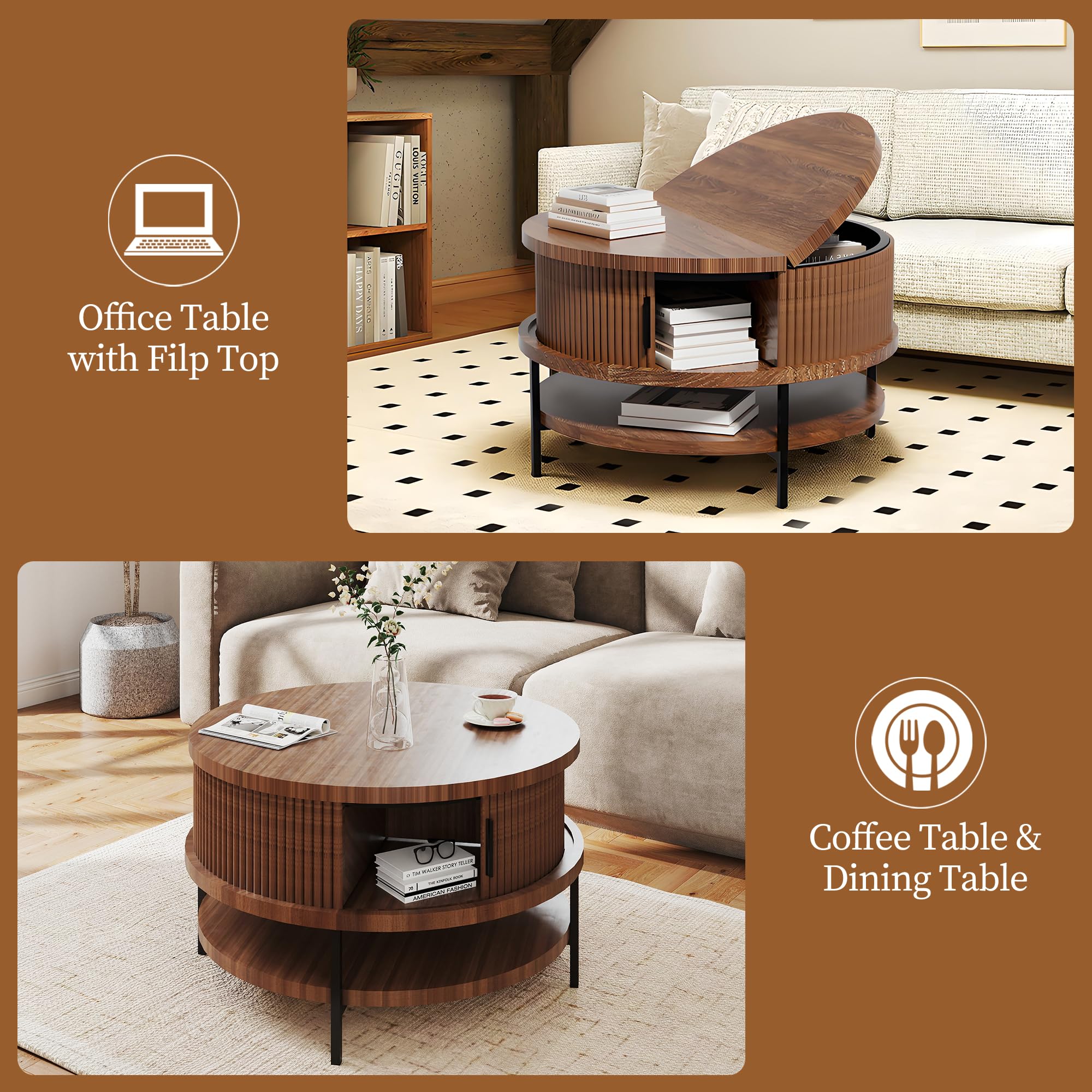 Round Flip Top Coffee Table with Storage