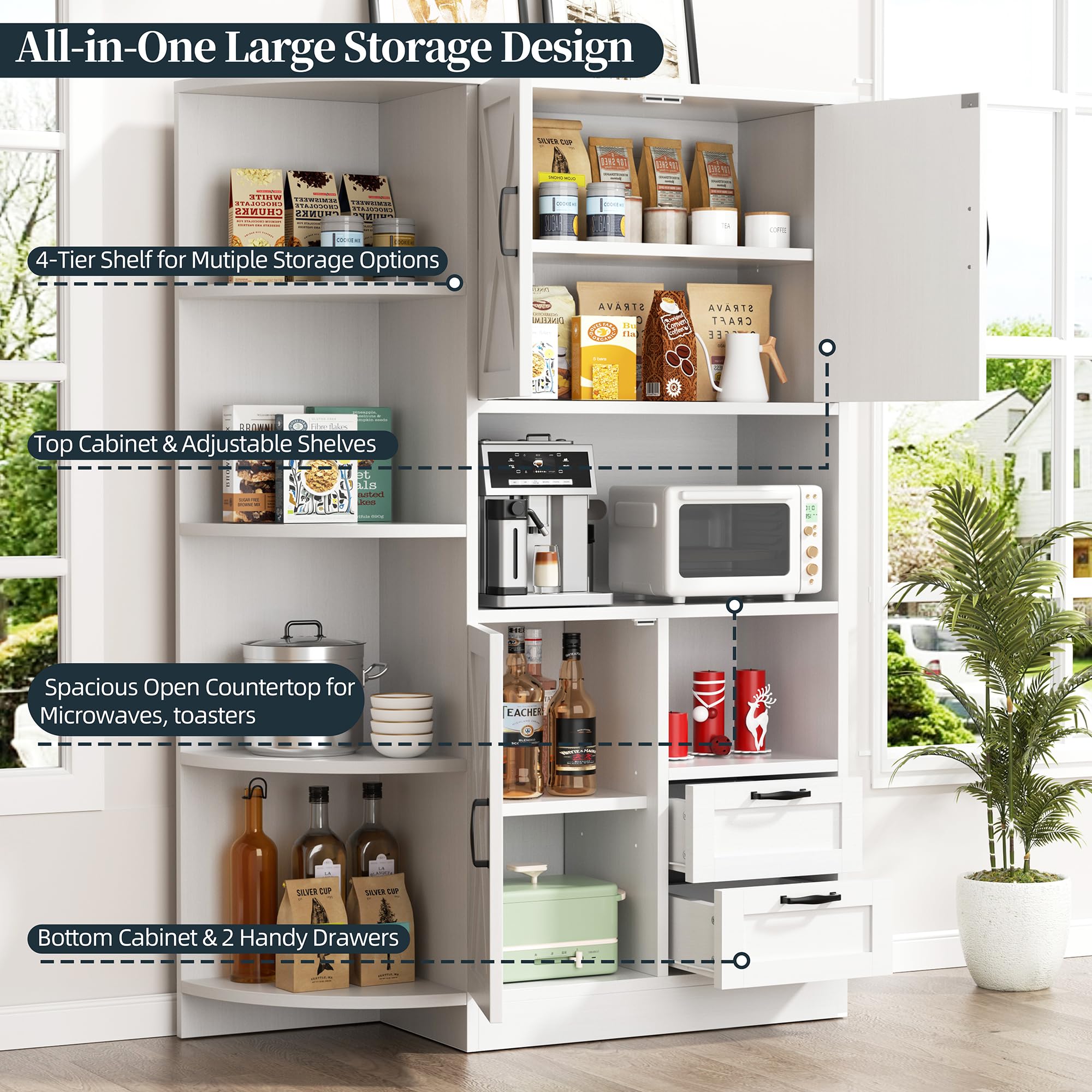 Farmhouse Kitchen Pantry Storage Cabinet with Microwave Shelf