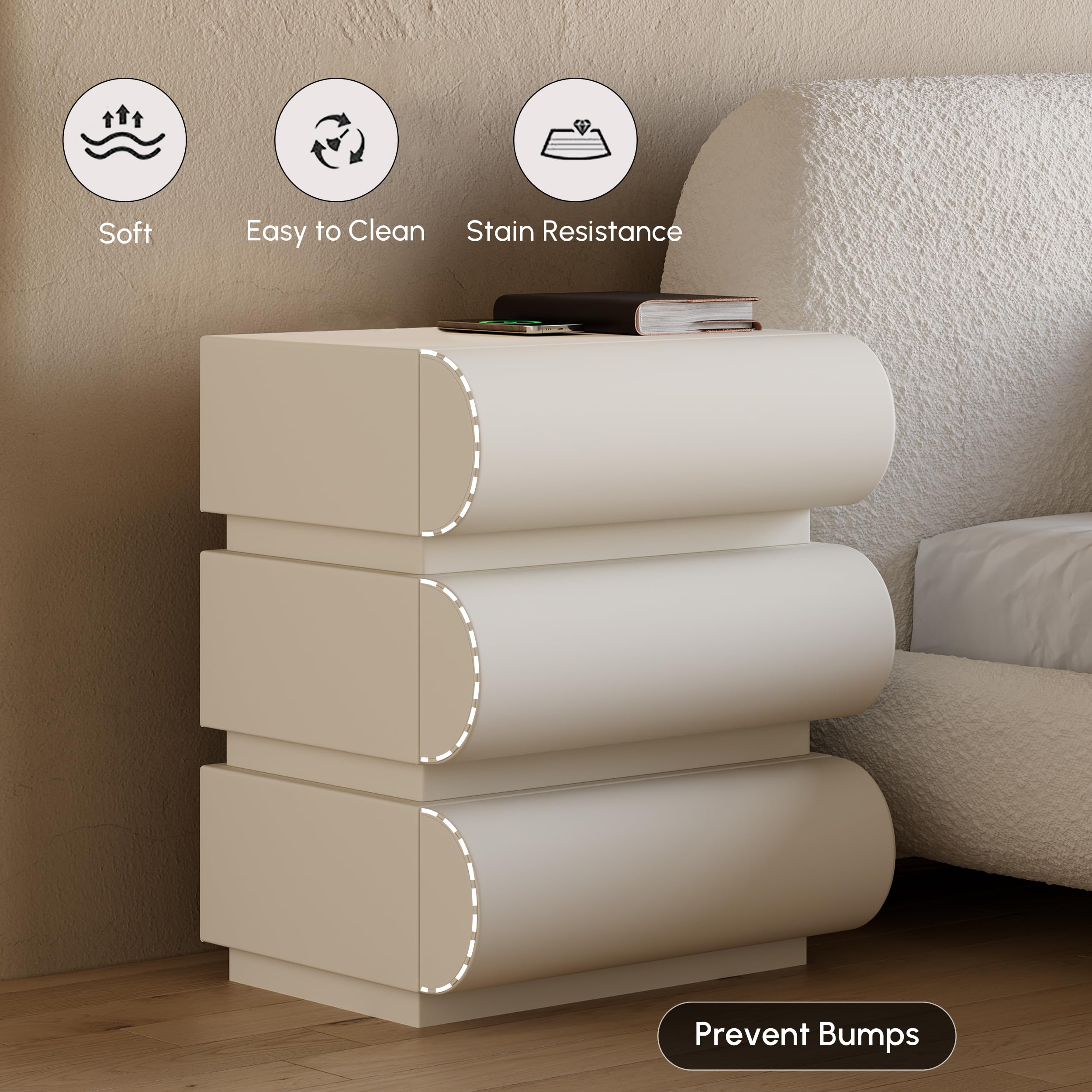 Smart Nightstand with Wireless Charging and 3 Drawers