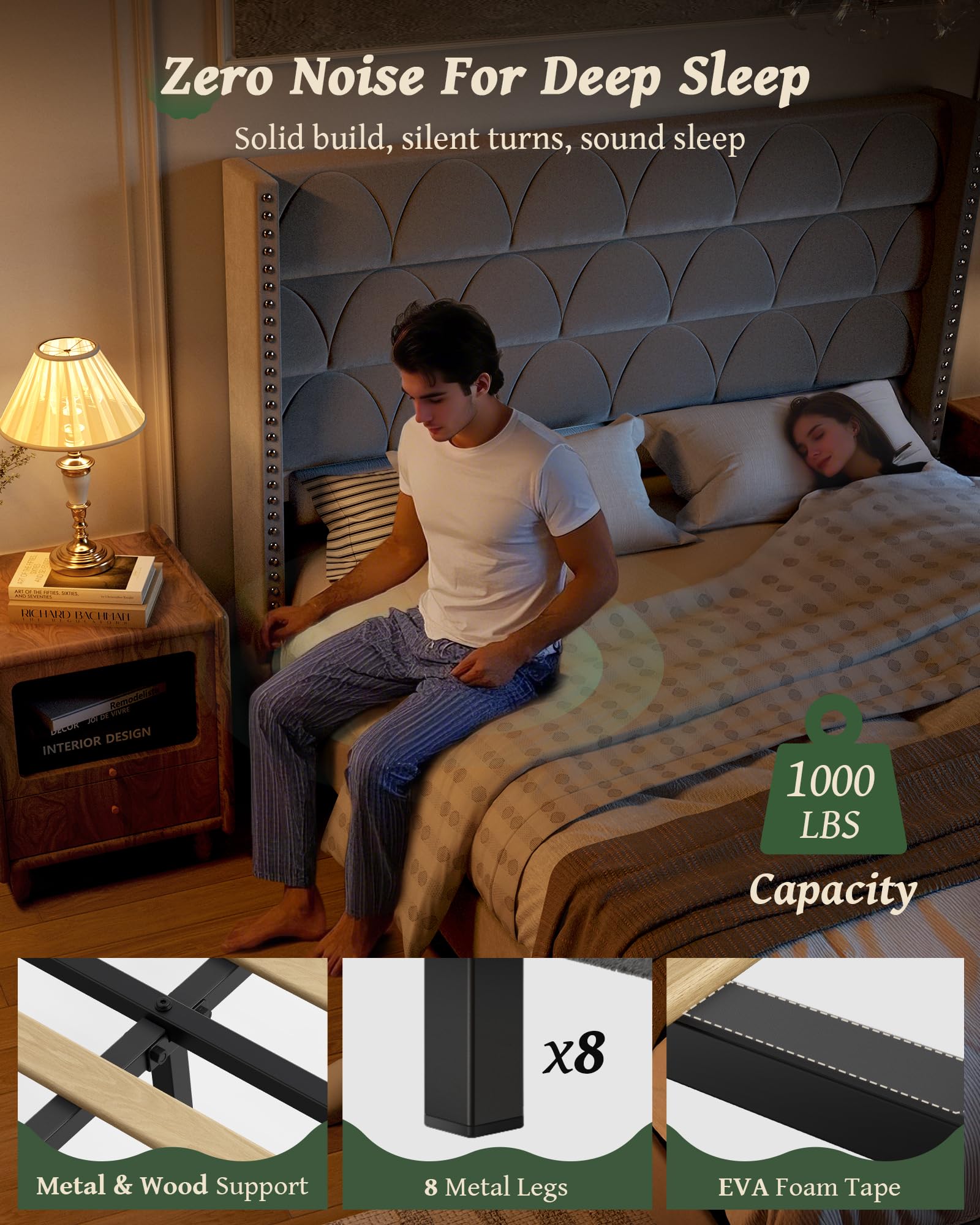 King Size Velvet Upholstered Wingback Platform Bed Frame with 56" Headboard