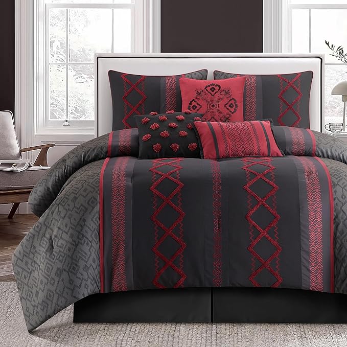 King Comforter Set 7 Pieces White Red Geometric Embroidered