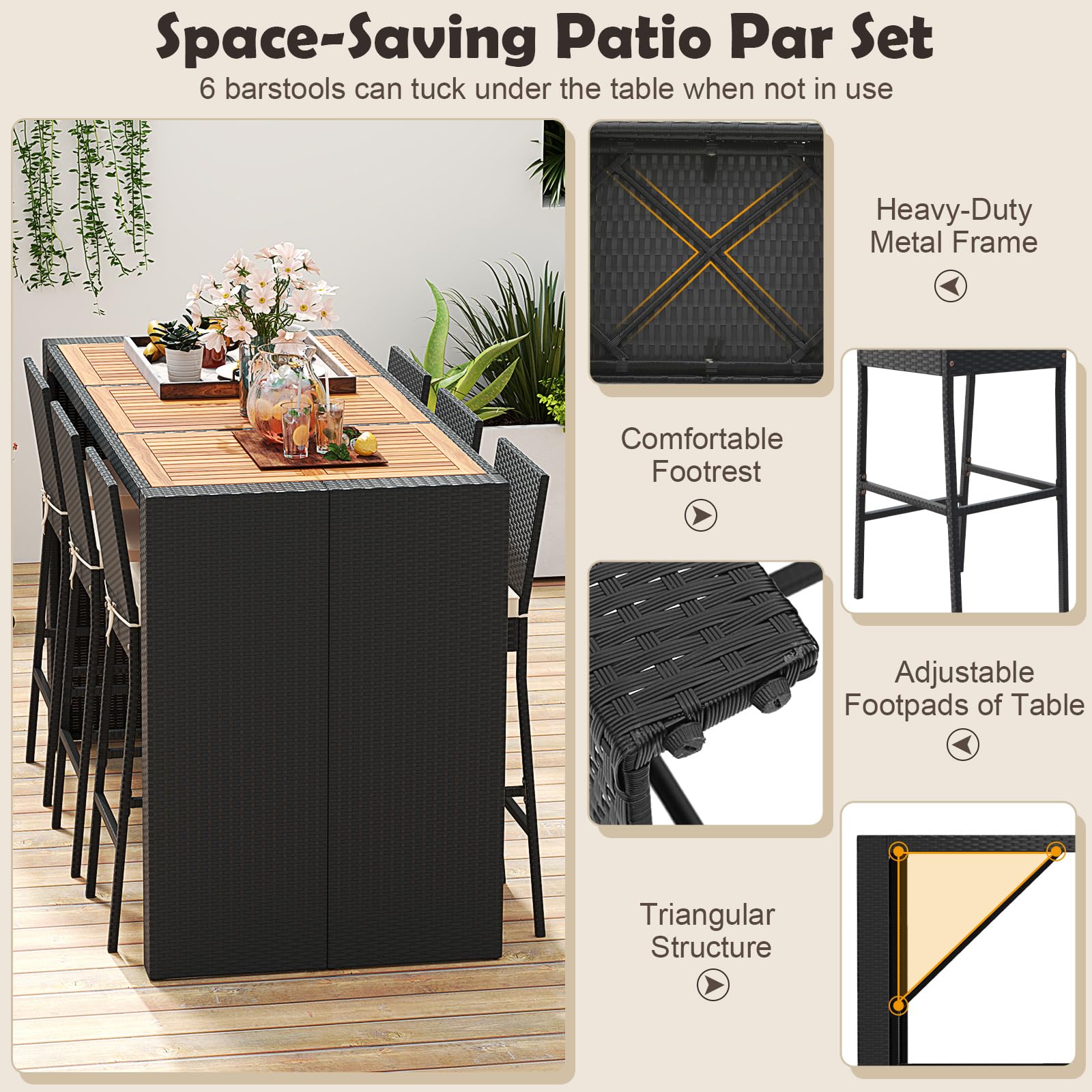 7-Piece Outdoor Bar Set with Acacia Wood Table and Wicker Stools