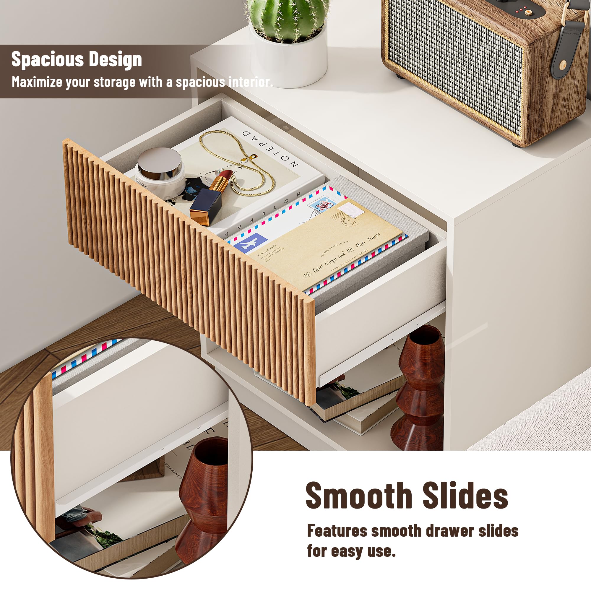 Fluted Nightstands Set of 2 with Drawer and Storage Shelf