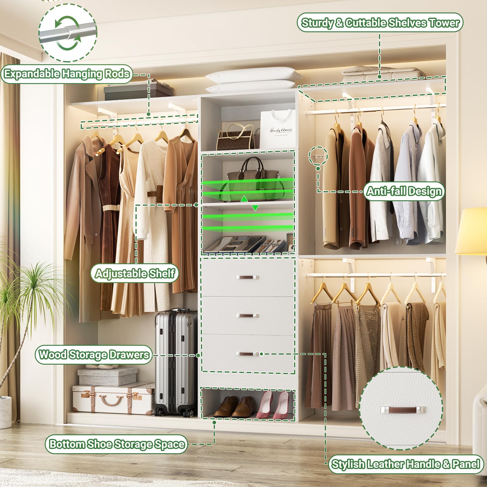 8FT Closet Organizer System with Drawer and Shelving Tower