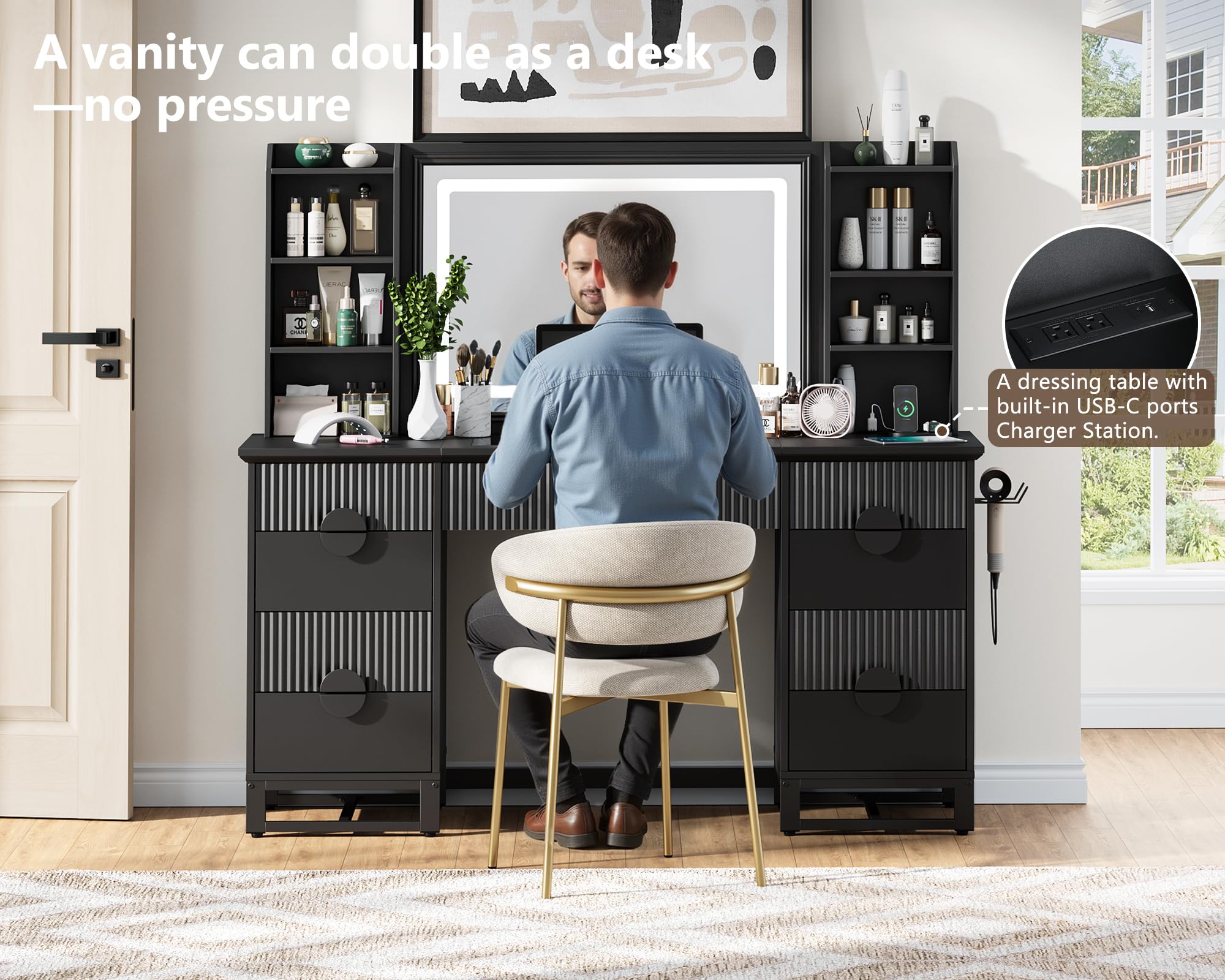 60" Fluted Vanity Desk with Mirror and Lights