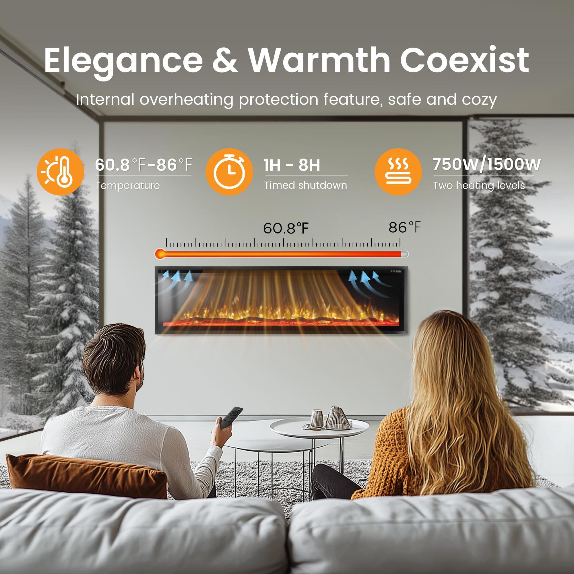 72" Electric Fireplace Wall Mounted with Remote Control