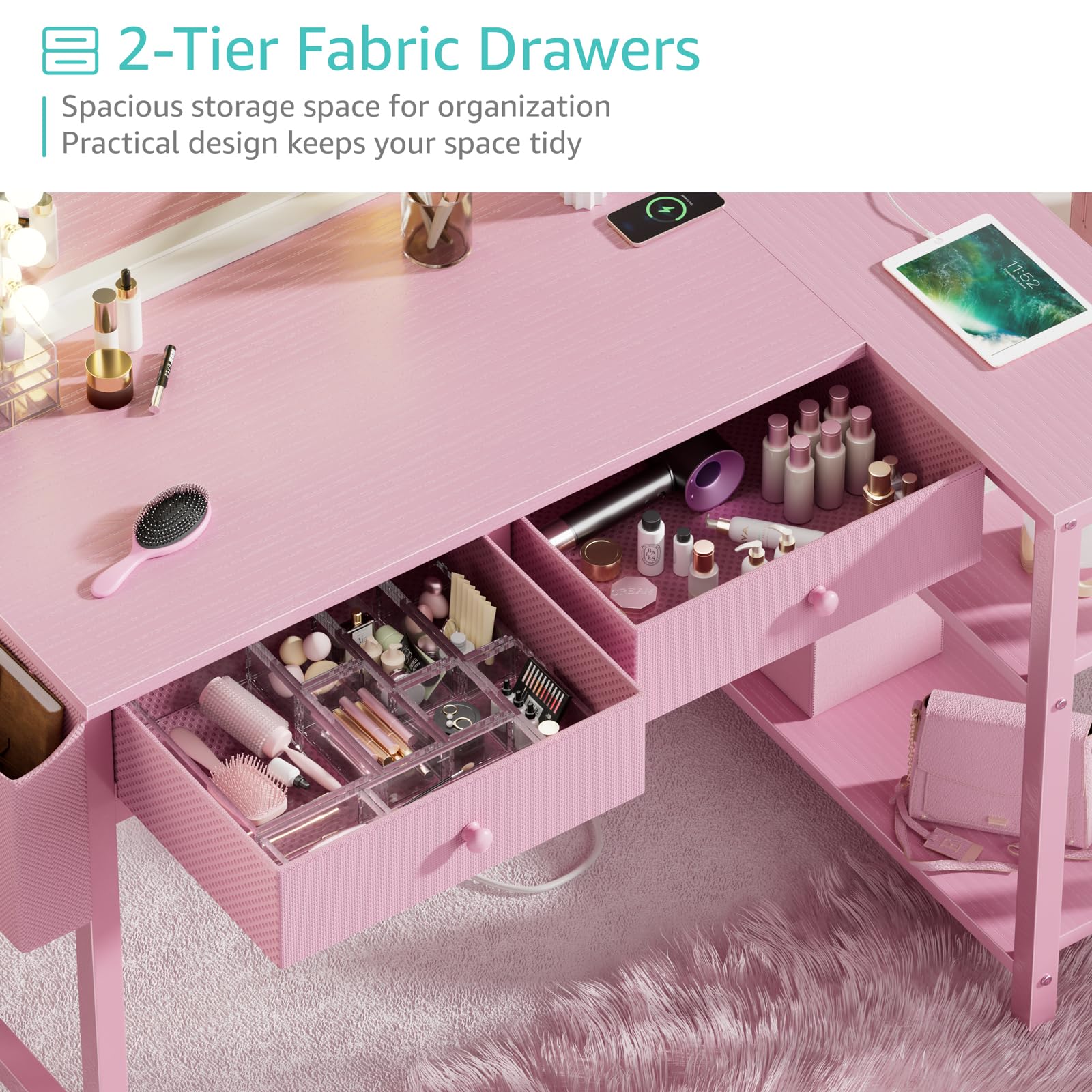 Pink Reversible L-Shaped Desk with Drawers and Shelves