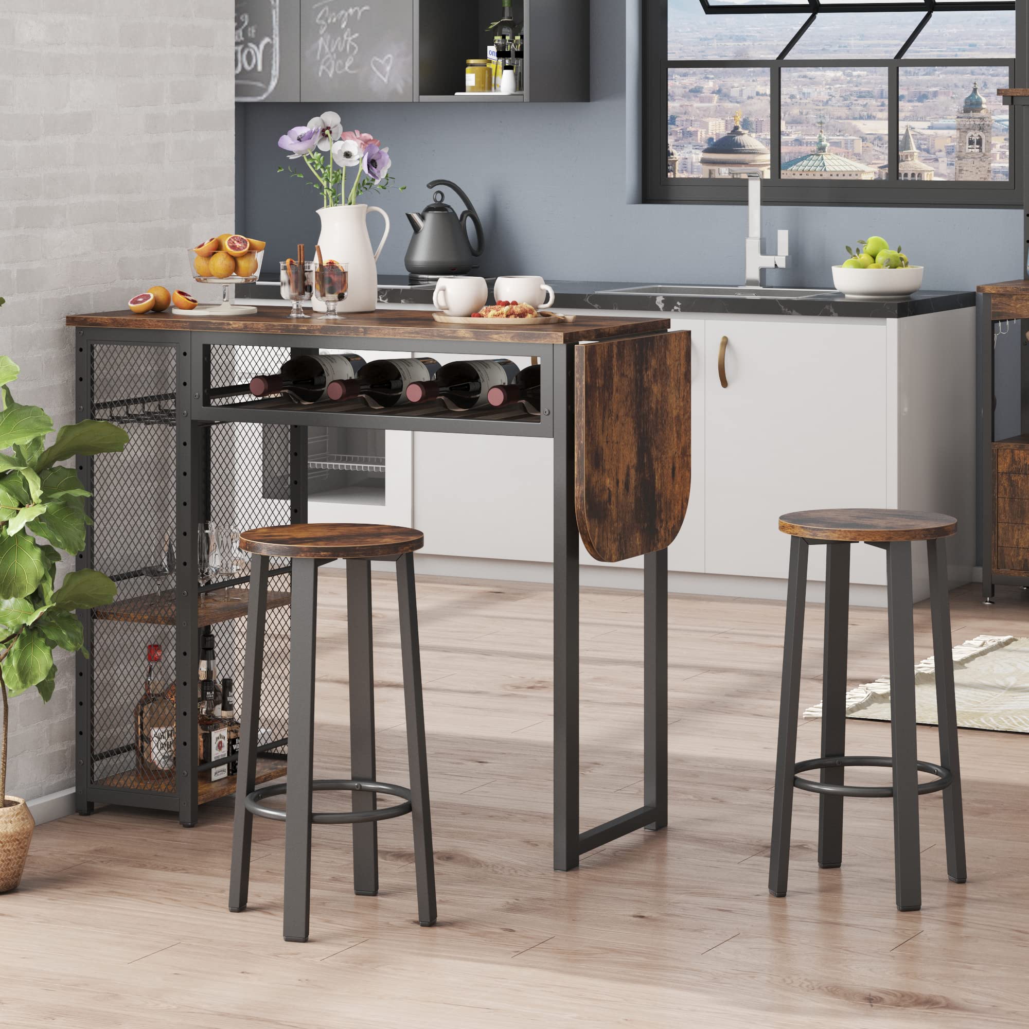 Foldable Bar Table and Chair Set with Wine Rack