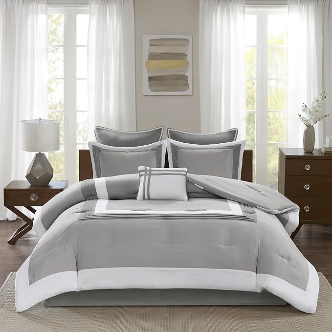 7-Piece Queen Comforter Set - Gray and White Patchwork Design