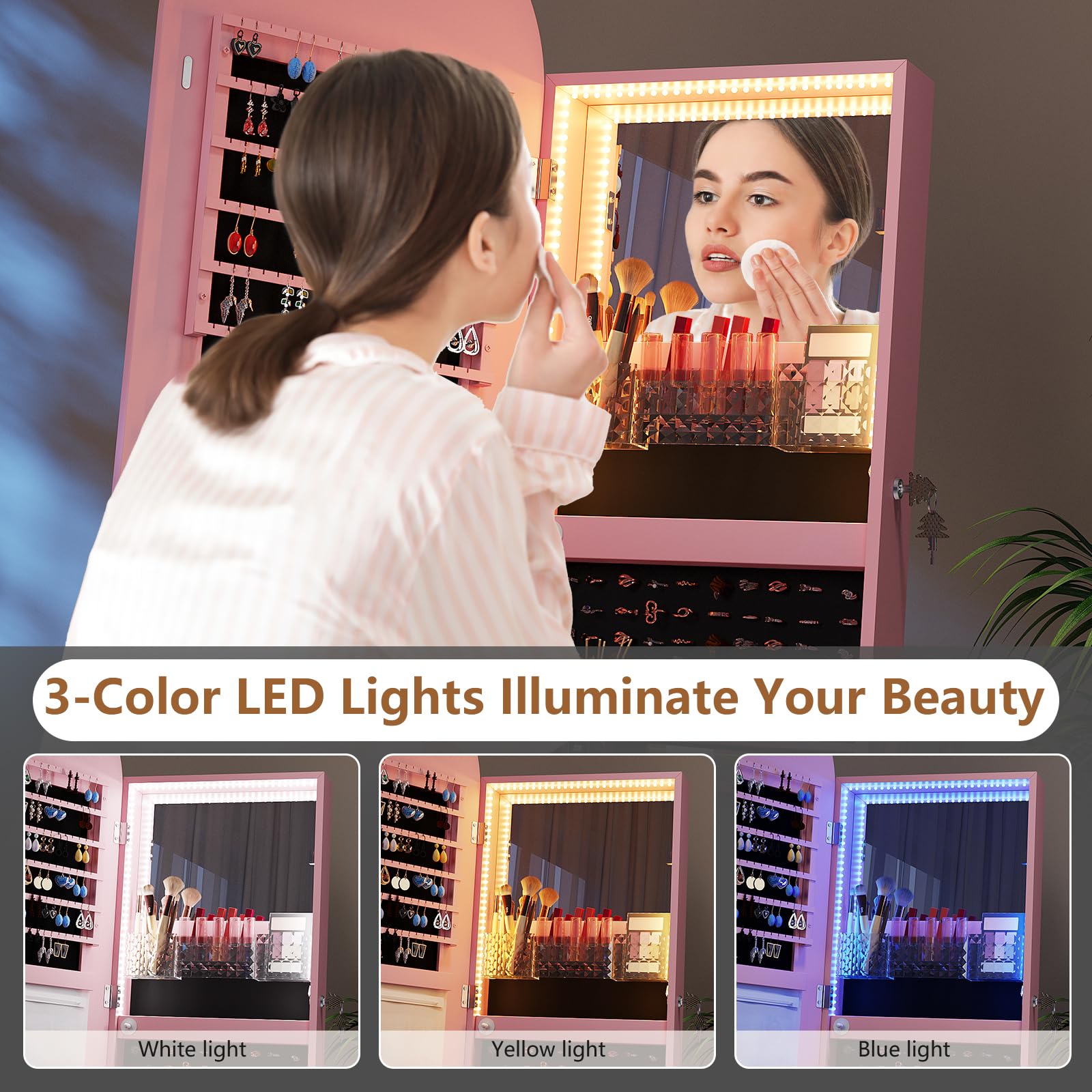 Arched Mirror Jewelry Cabinet with LED & 360° Swivel