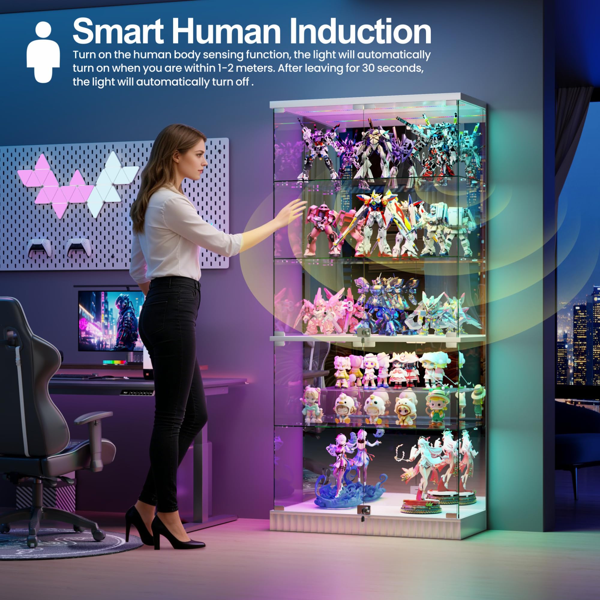 5 Tier Display Cabinet with RGB Lights and Glass Doors