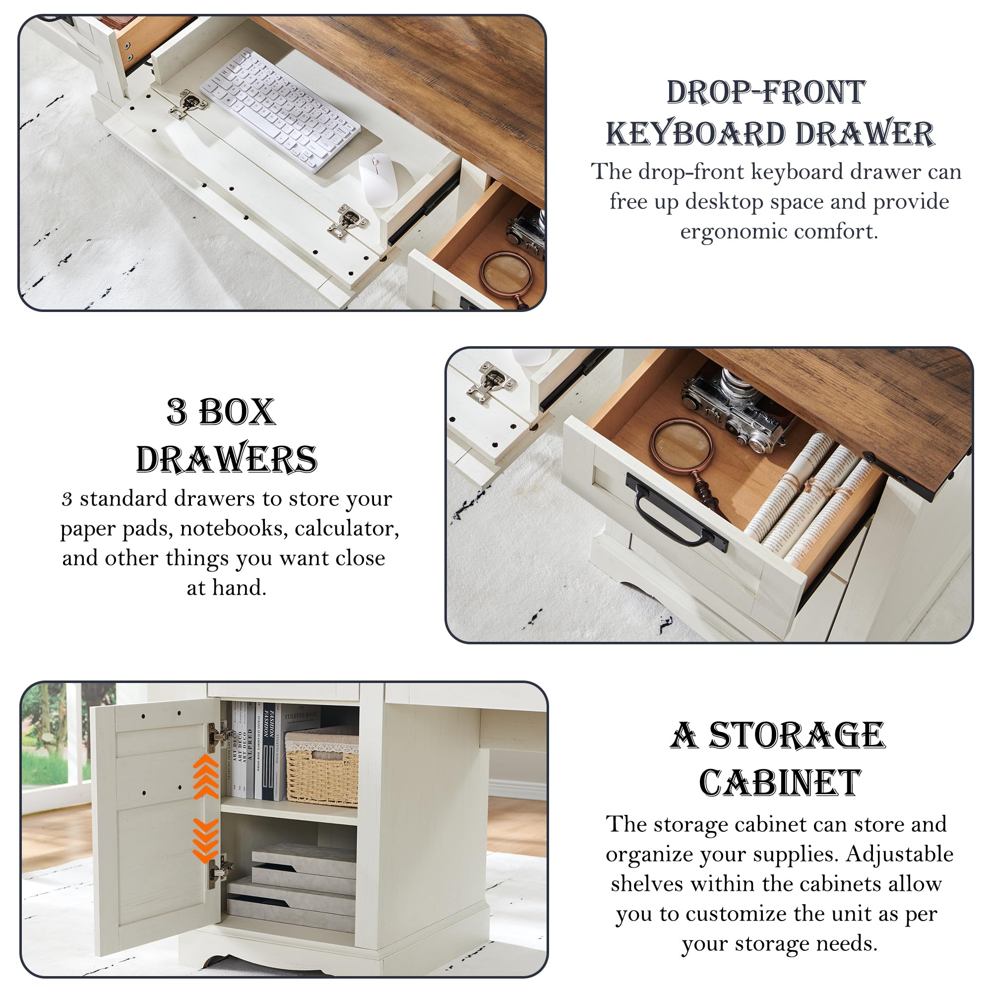 60" Farmhouse Desk with Hutch and Storage Cabinet