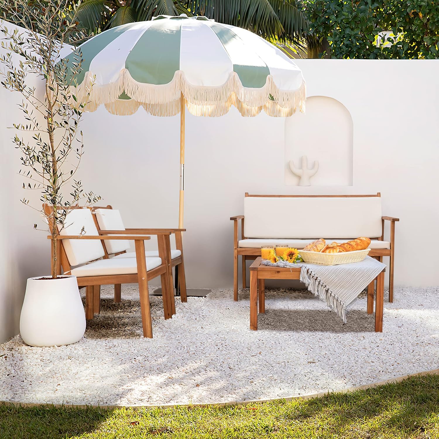 4 Piece Acacia Wood Patio Conversation Set with Cushions
