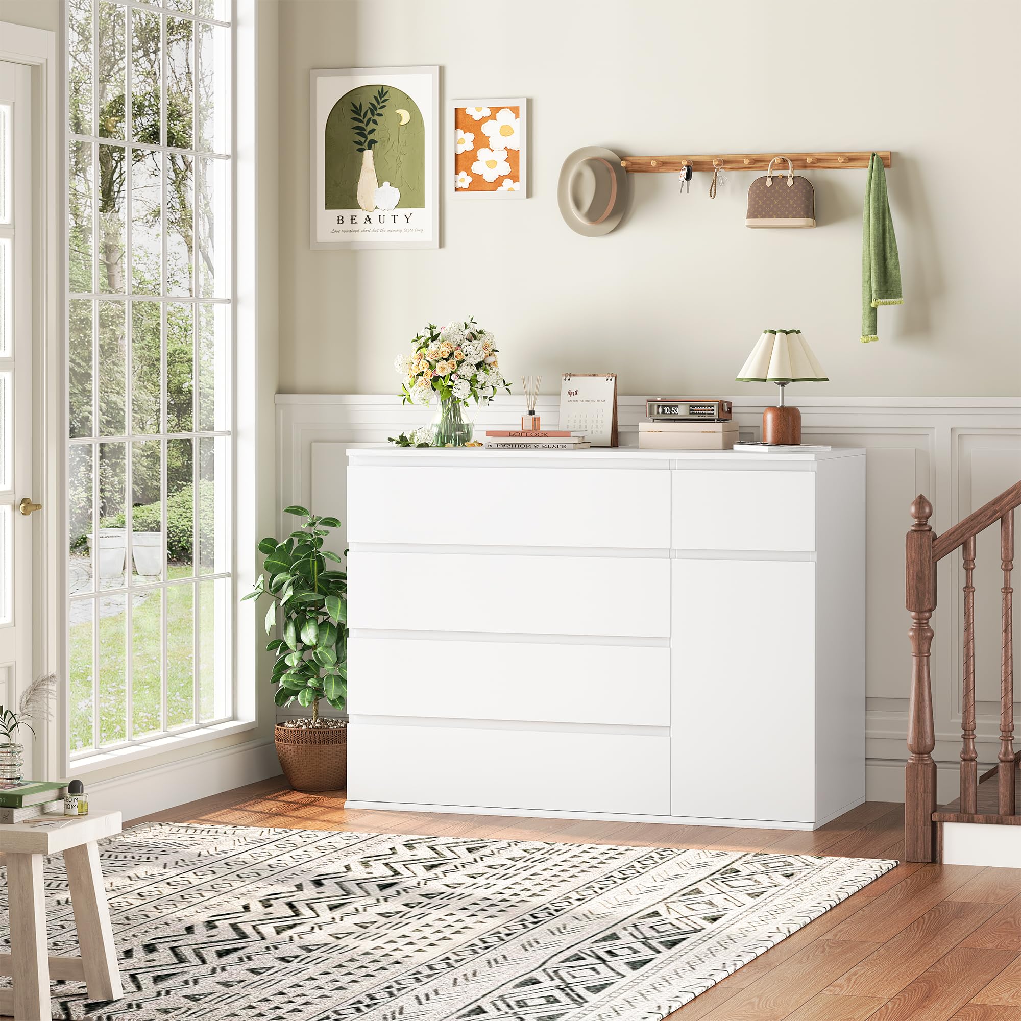 White Dresser with Deep Drawers and Door Storage