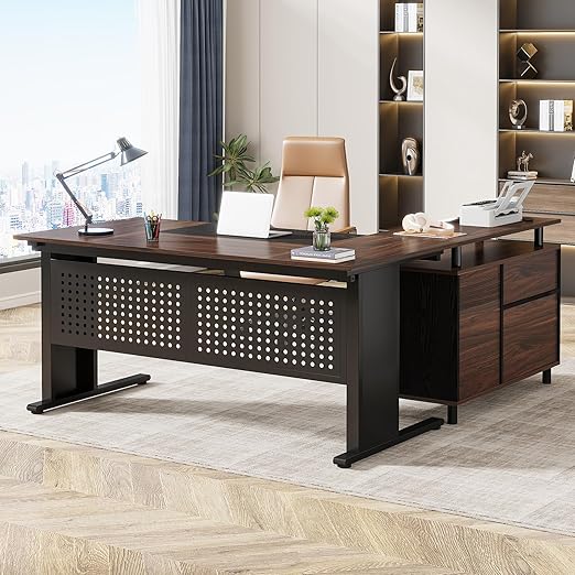 63 Inch L-Shaped Executive Desk with File Cabinet and Storage Shelves