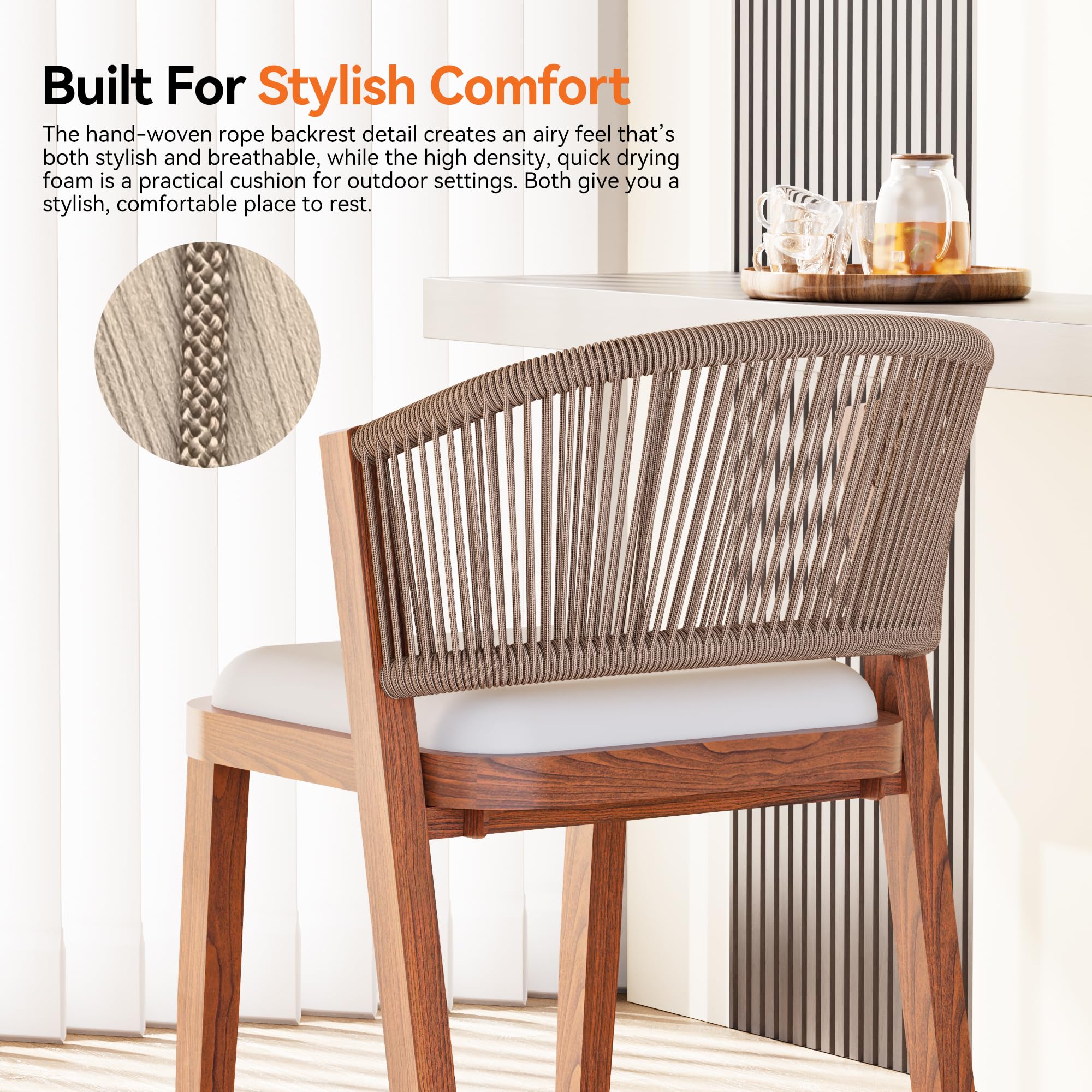Outdoor Bar Stools Set of 2 with Rope Woven Backrest