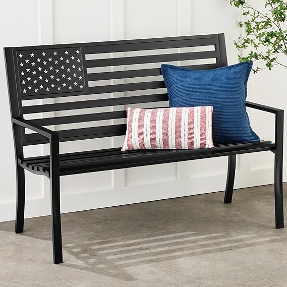 2-Person Steel Outdoor Bench with American Flag Design